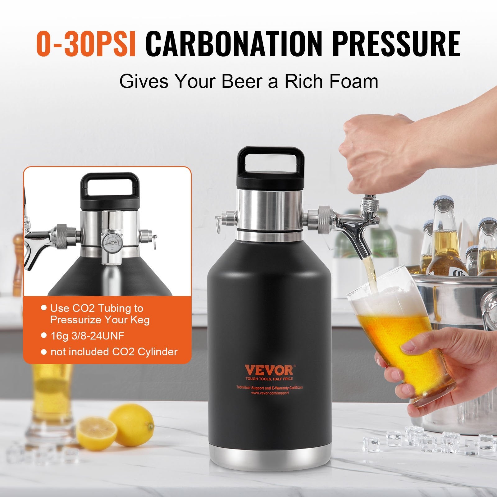Distilling & Brewing: VEVOR Beer Growler Tap System, 4L Mini Keg, 304 Stainless Steel Pressurized Beer Growler, Keg Growler with Pressure Display, CO2 Regulator Faucet, Leak-Proof Ring For Draft, Homebrew, Craft Beer