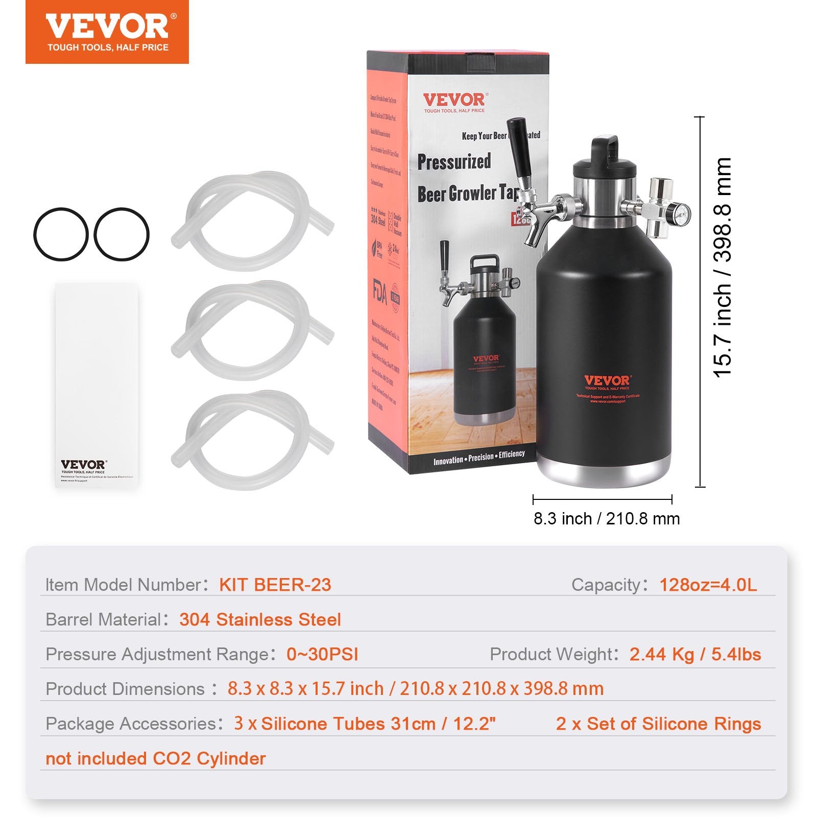 Distilling & Brewing: VEVOR Beer Growler Tap System, 4L Mini Keg, 304 Stainless Steel Pressurized Beer Growler, Keg Growler with Pressure Display, CO2 Regulator Faucet, Leak-Proof Ring For Draft, Homebrew, Craft Beer