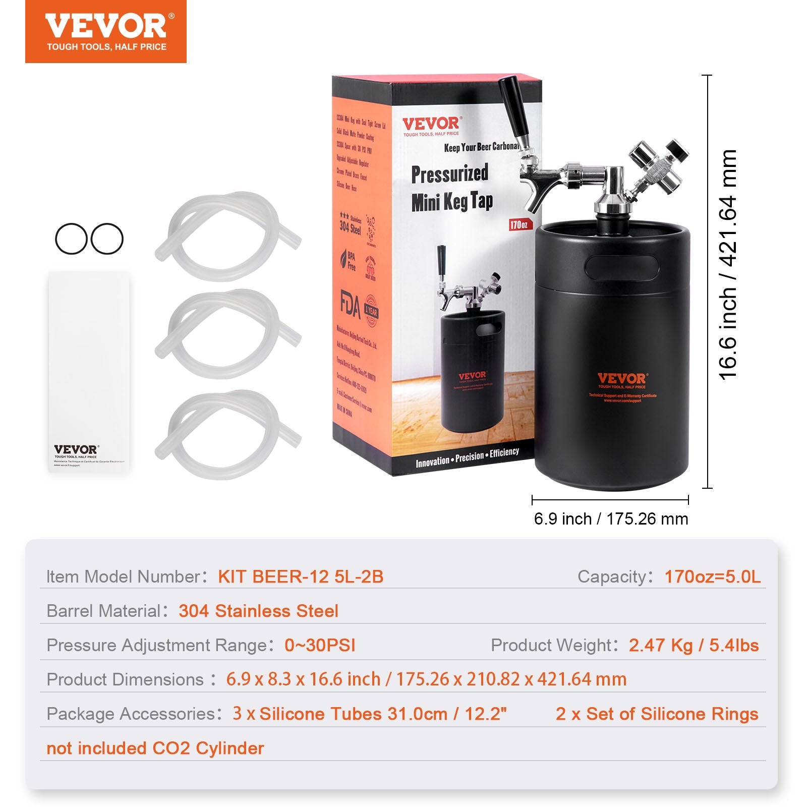 Distilling & Brewing: VEVOR Beer Growler Tap System, 5L Mini Keg, 304 Stainless Steel Pressurized Beer Growler, Keg Growler with Pressure Display, CO2 Regulator Faucet, Leak-Proof Ring For Draft, Homebrew, Craft Beer