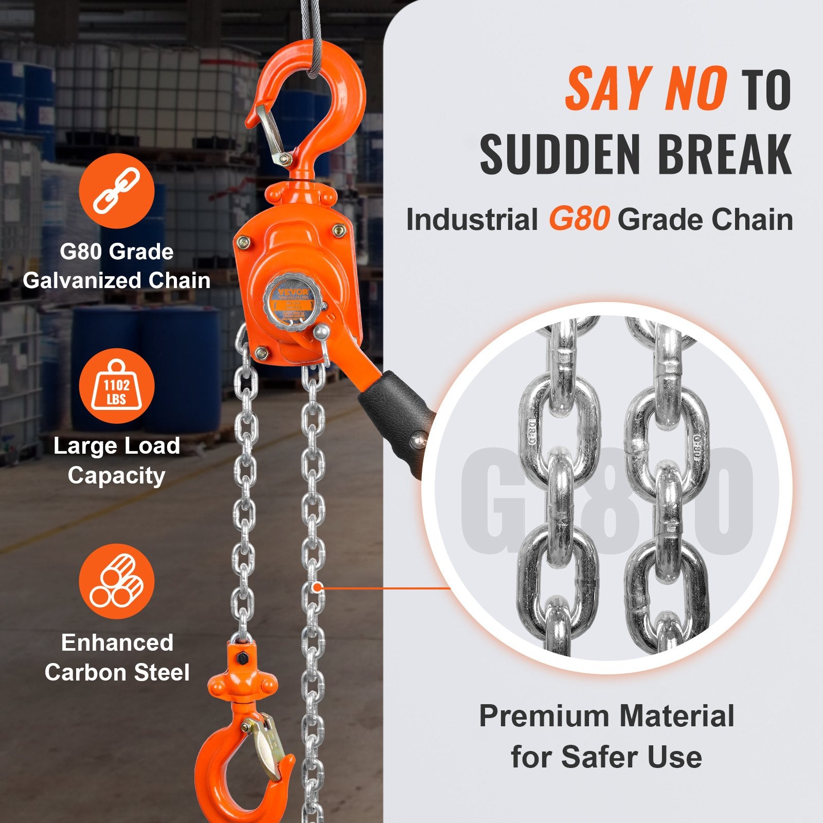 Pull Out Bins: VEVOR Manual Lever Chain Hoist, 1/2 Ton 1100 lbs Capacity 10 FT Come Along, G80 Galvanized Carbon Steel with Weston Double-Pawl Brake, Auto Chain Leading & 360° Rotation Hook, for Garage Factory Dock
