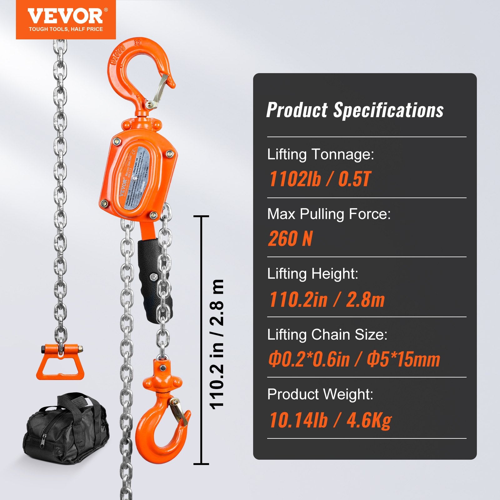 Pull Out Bins: VEVOR Manual Lever Chain Hoist, 1/2 Ton 1100 lbs Capacity 10 FT Come Along, G80 Galvanized Carbon Steel with Weston Double-Pawl Brake, Auto Chain Leading & 360° Rotation Hook, for Garage Factory Dock