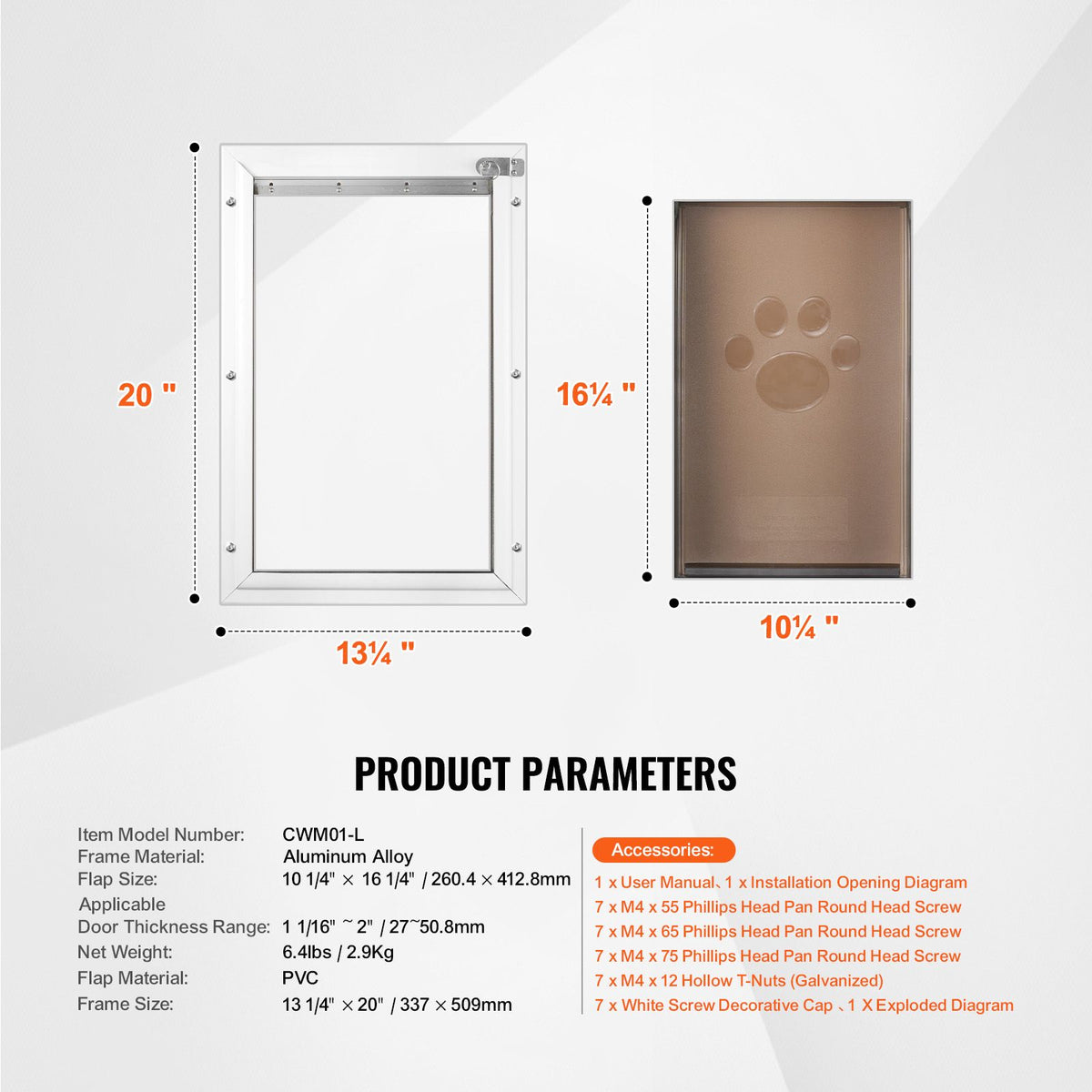Pet Door, 33.7 x 50.9 cm Aluminum Frame with Lock and Flap System, Weatherproof Doggy Door, Easy to Install in Interior or Exterior Doors, Pet Door Suitable for Cat Doggie Kitties (White-L)