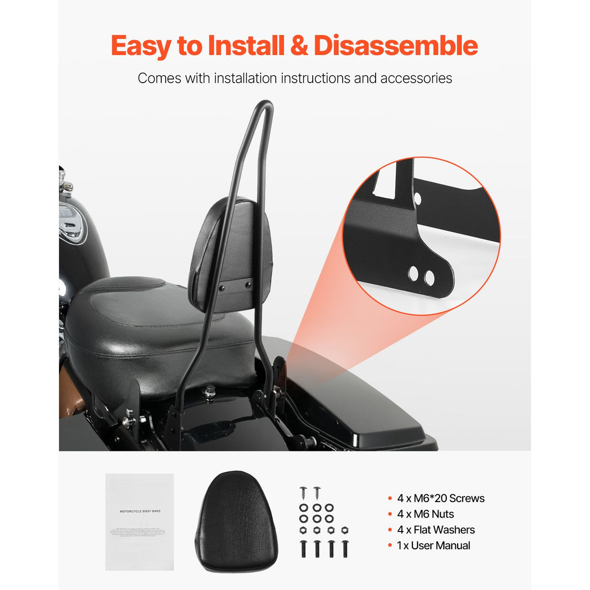 Motorcycle Backrest Sissy Bar, Compatible With Harley-Davidson Dyna Street Glide Road Glide Road King, 730mm Height Detachable Passenger Backrest, For Motorcycles, Black