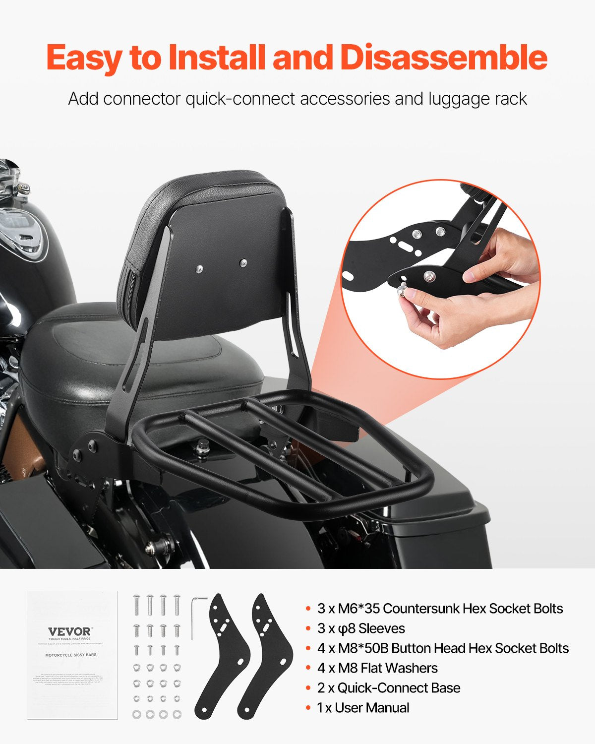 Cross Bar: VEVOR Motorcycle Backrest Sissy Bar with Luggage Rack for Honda Rebel 2017-2022