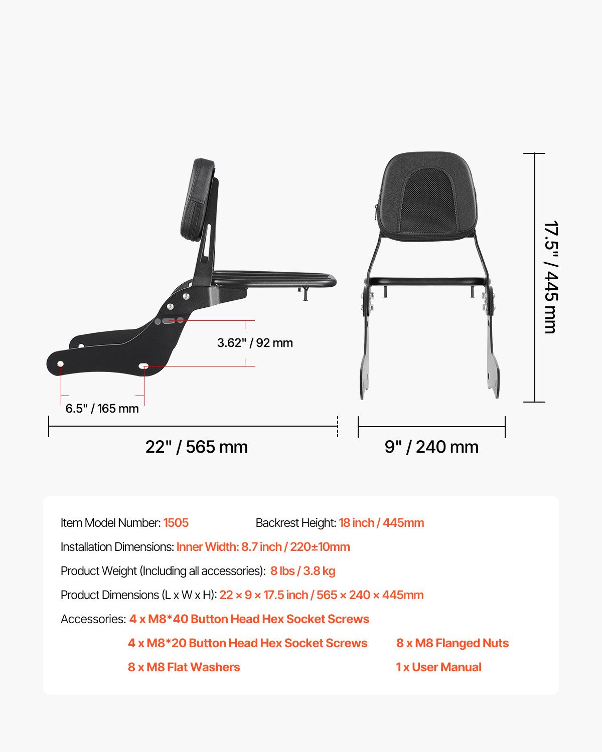 Cross Bar: VEVOR Motorcycle Backrest Sissy Bar with Luggage Rack for Honda Rebel 2017-2022