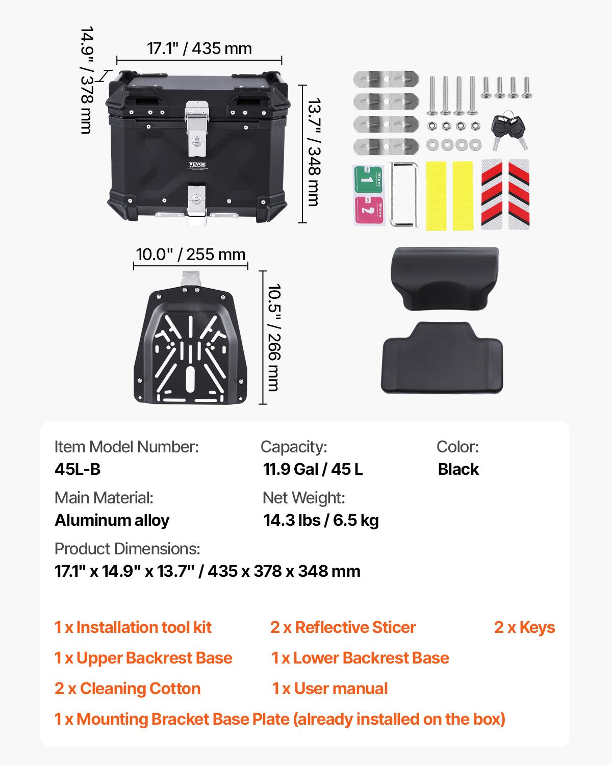 Motorcycle Top Case, Universal Aluminum Alloy Motorbike Tail Box with Leather Lining, 45L Waterproof Detachable Motorcycle Top Box with Lock & Back Cushion, Fit for 99% of Motorcycle Frames