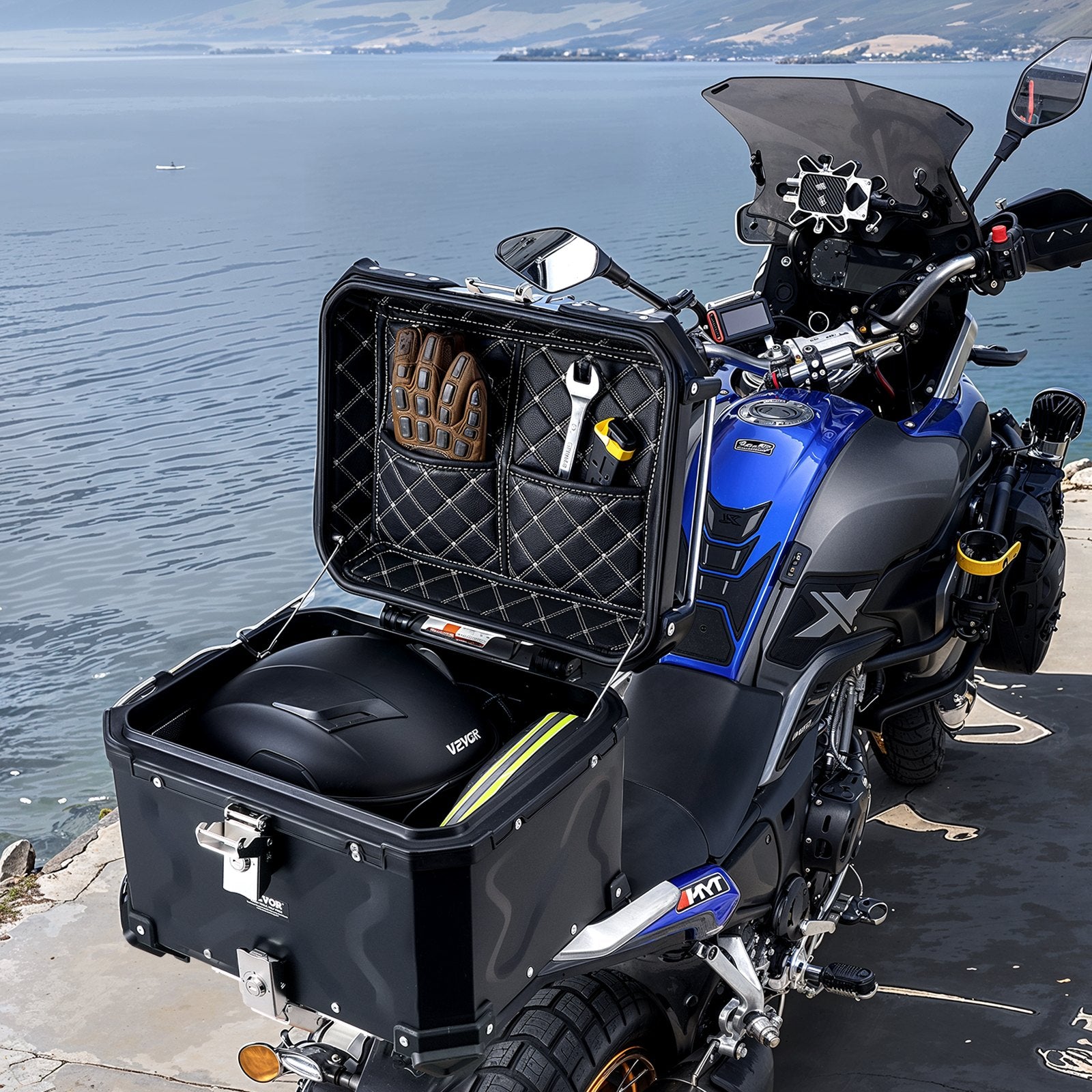 Motorcycle Top Case, Universal Aluminum Alloy Motorbike Tail Box with Leather Lining, 45L Waterproof Detachable Motorcycle Top Box with Lock & Back Cushion, Fit for 99% of Motorcycle Frames