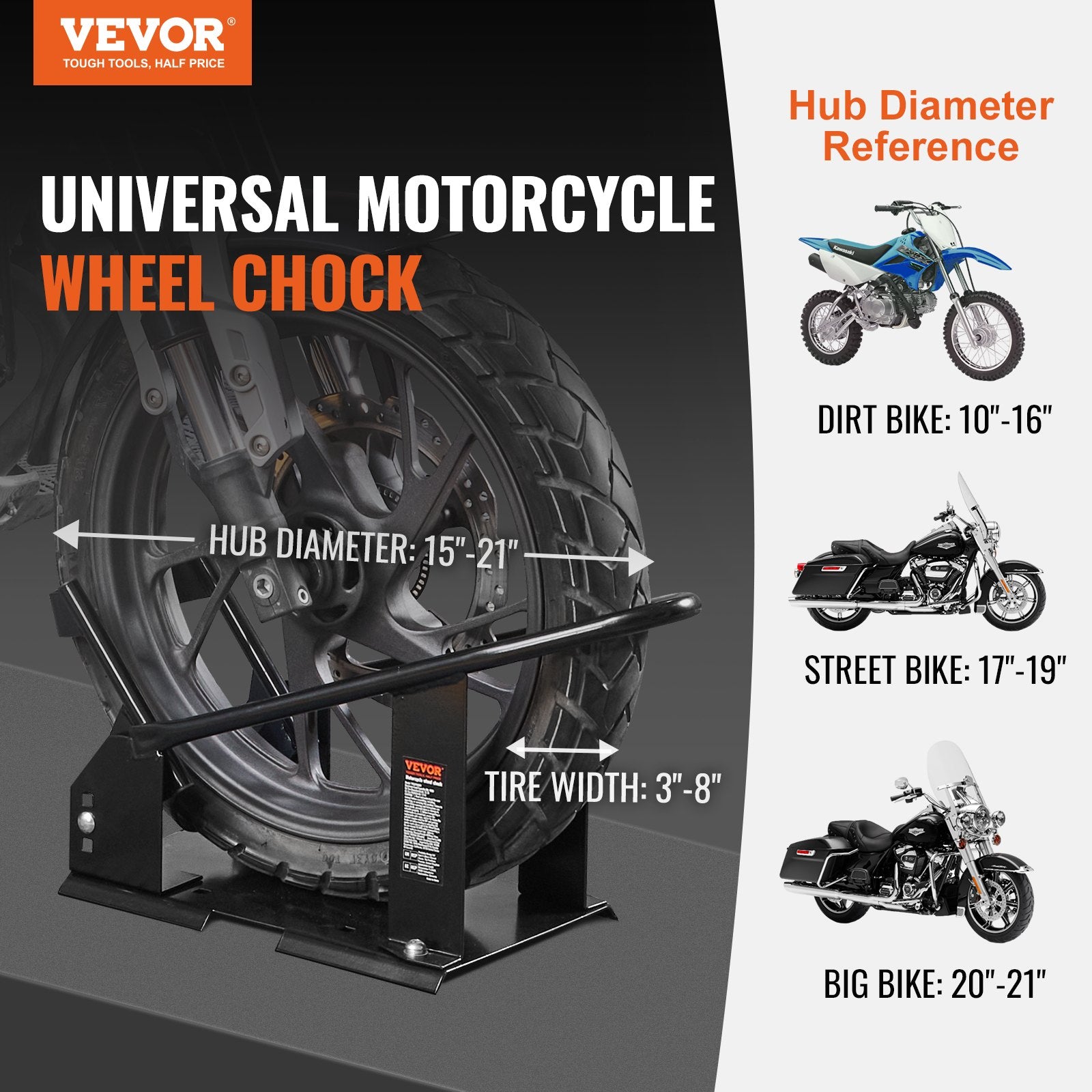 Motorcycle Wheel Chock, 816.5 kg Capacity Wheel Cradle Holder, Heavy-duty Steel Motorcycle Front Wheel Stand with 3 Adjustable Holes, For 381-533.4 mm Off-Road Motorcycles, Standard Motorcycles