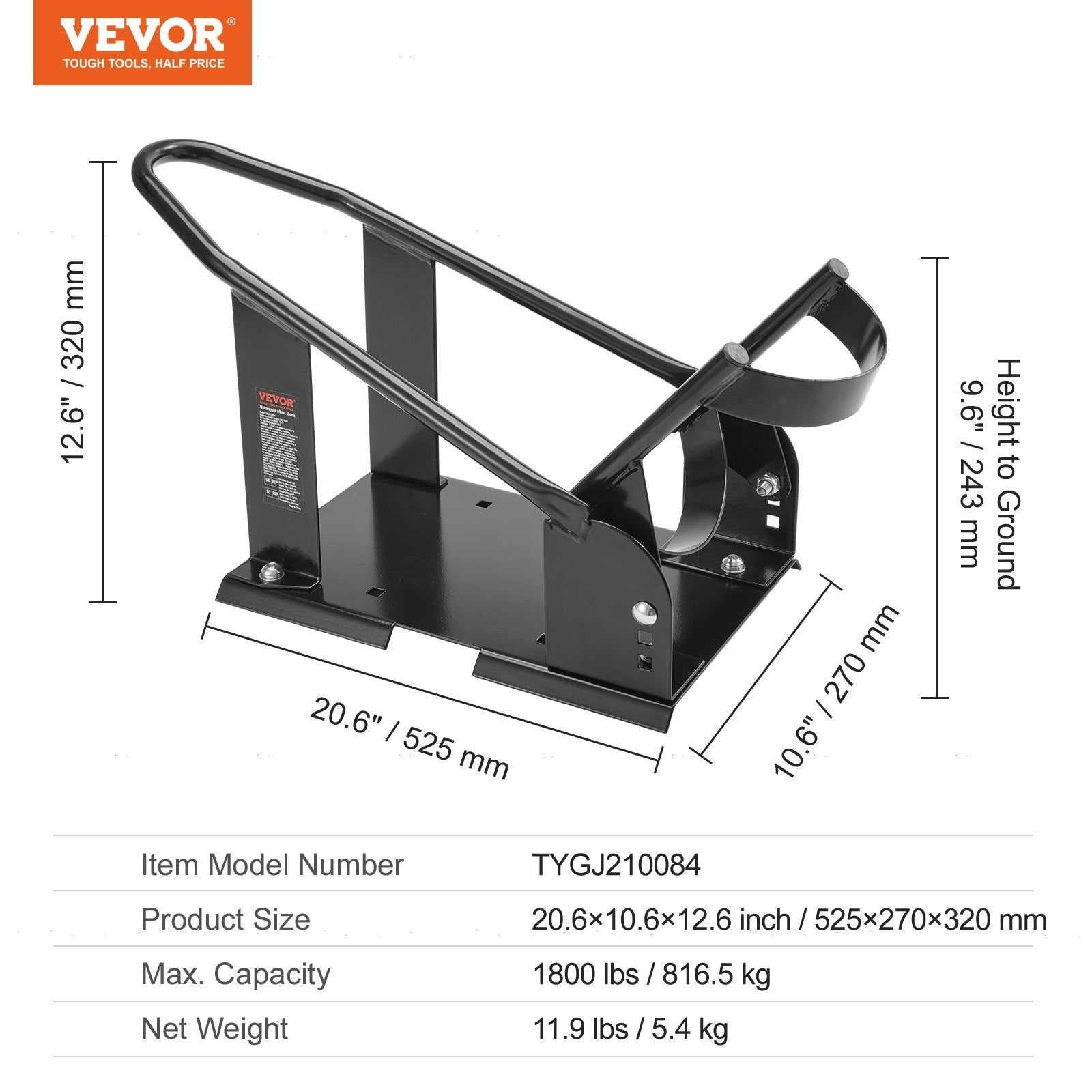 Motorcycle Wheel Chock, 816.5 kg Capacity Wheel Cradle Holder, Heavy-duty Steel Motorcycle Front Wheel Stand with 3 Adjustable Holes, For 381-533.4 mm Off-Road Motorcycles, Standard Motorcycles