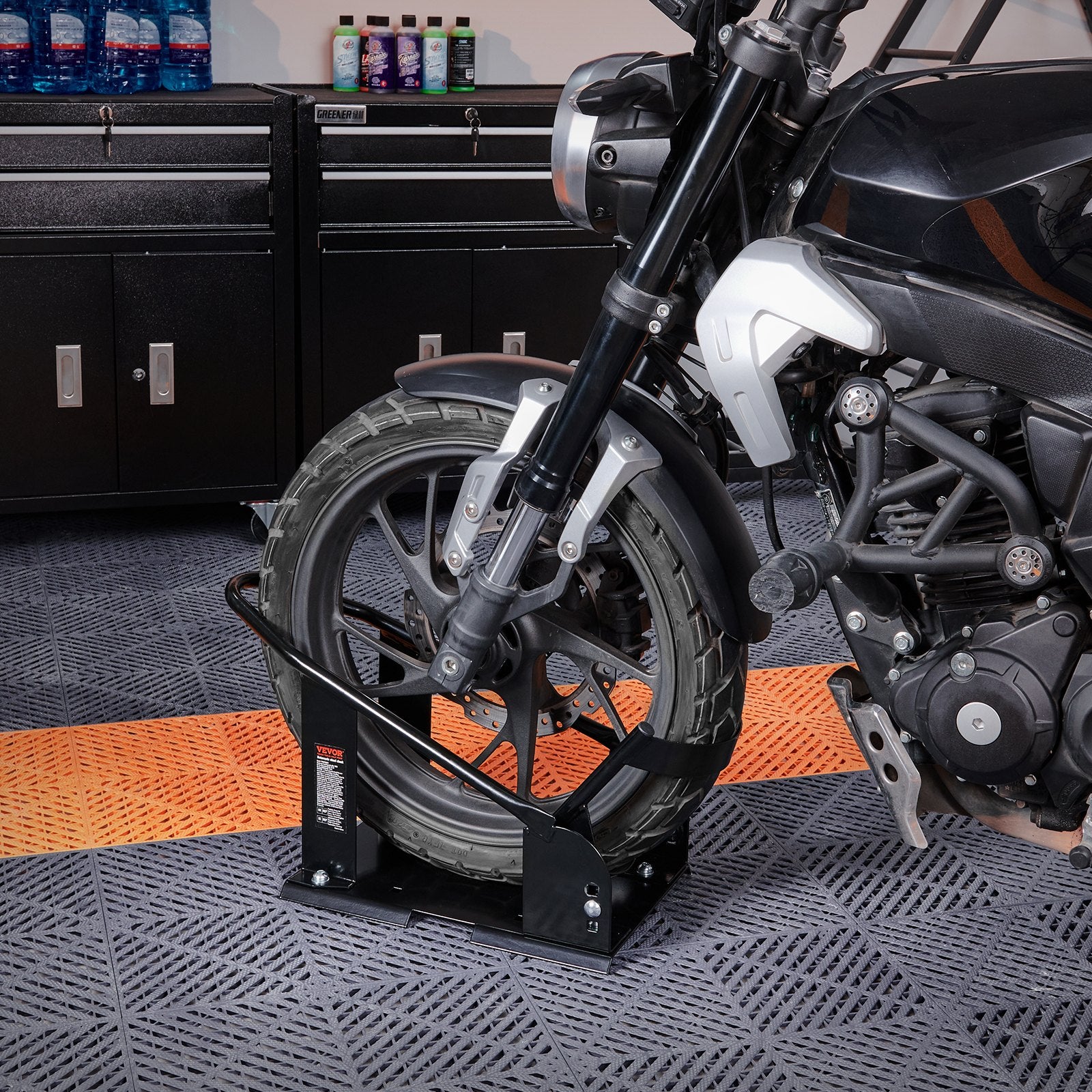 Motorcycle Wheel Chock, 816.5 kg Capacity Wheel Cradle Holder, Heavy-duty Steel Motorcycle Front Wheel Stand with 3 Adjustable Holes, For 381-533.4 mm Off-Road Motorcycles, Standard Motorcycles