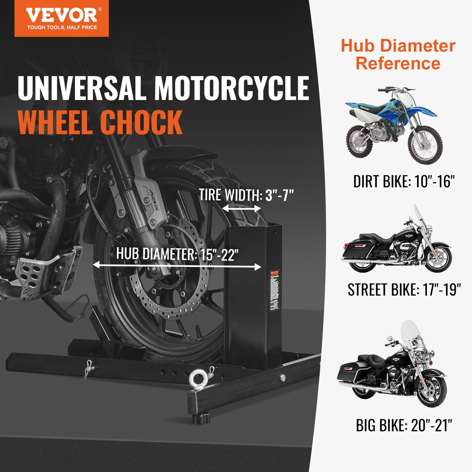 Scooter Accessories: VEVOR Motorcycle Wheel Chock Upright, 816.5 kg Capacity, Heavy-duty Steel Motorcycle Front Wheel Stand with 6 Adjustable Holes, For 381-558.8 mm Off-Road Motorcycles, Standard Motorcycles
