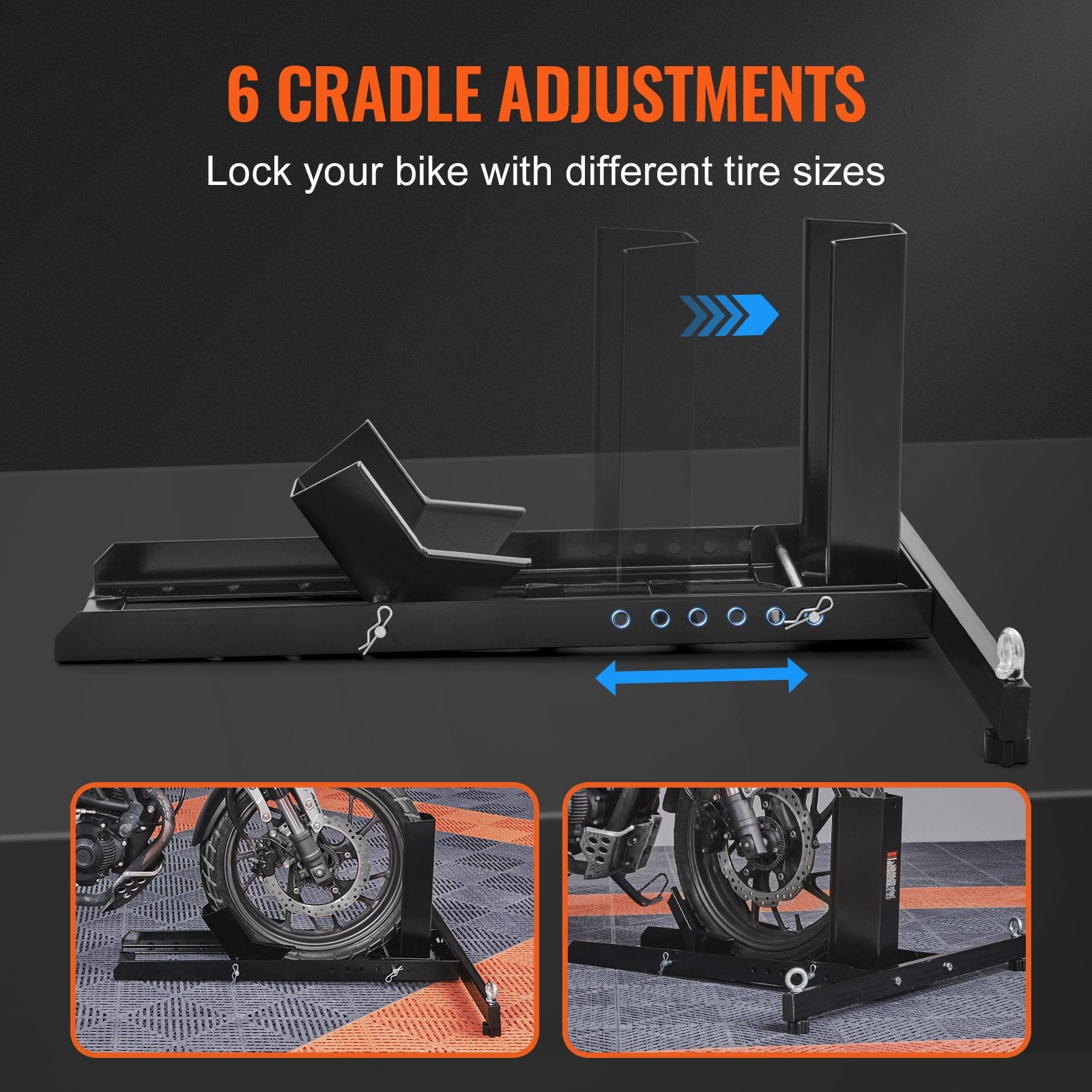 Scooter Accessories: VEVOR Motorcycle Wheel Chock Upright, 816.5 kg Capacity, Heavy-duty Steel Motorcycle Front Wheel Stand with 6 Adjustable Holes, For 381-558.8 mm Off-Road Motorcycles, Standard Motorcycles