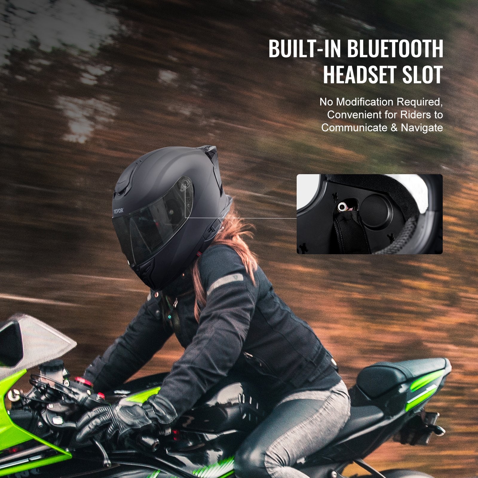 Bicycle Helmets: VEVOR Full Face Motorcycle Helmet Motocross Helmet with Bluetooth Slot