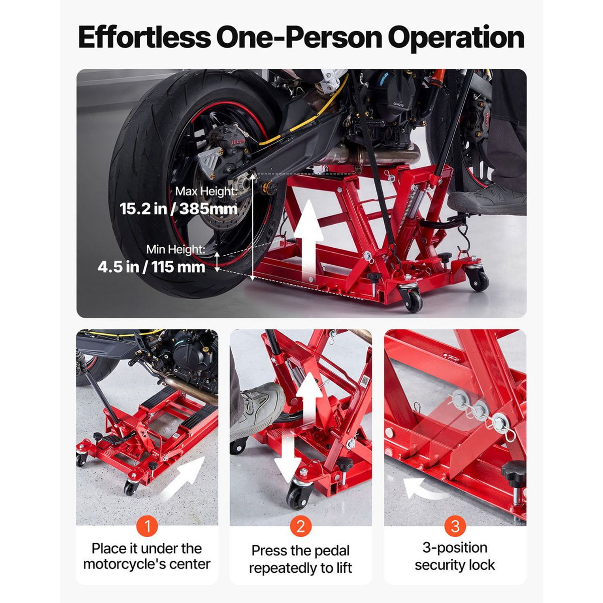 Hydraulic Motorcycle Lift Jack, 680 kg Capacity, ATV Lift Jack Portable Motorcycle Hoist Stand with 4 Wheels, 115-385 mm Height Range, Hydraulic Foot-Operated Hoist Stand for ATVs, Dirt Bikes