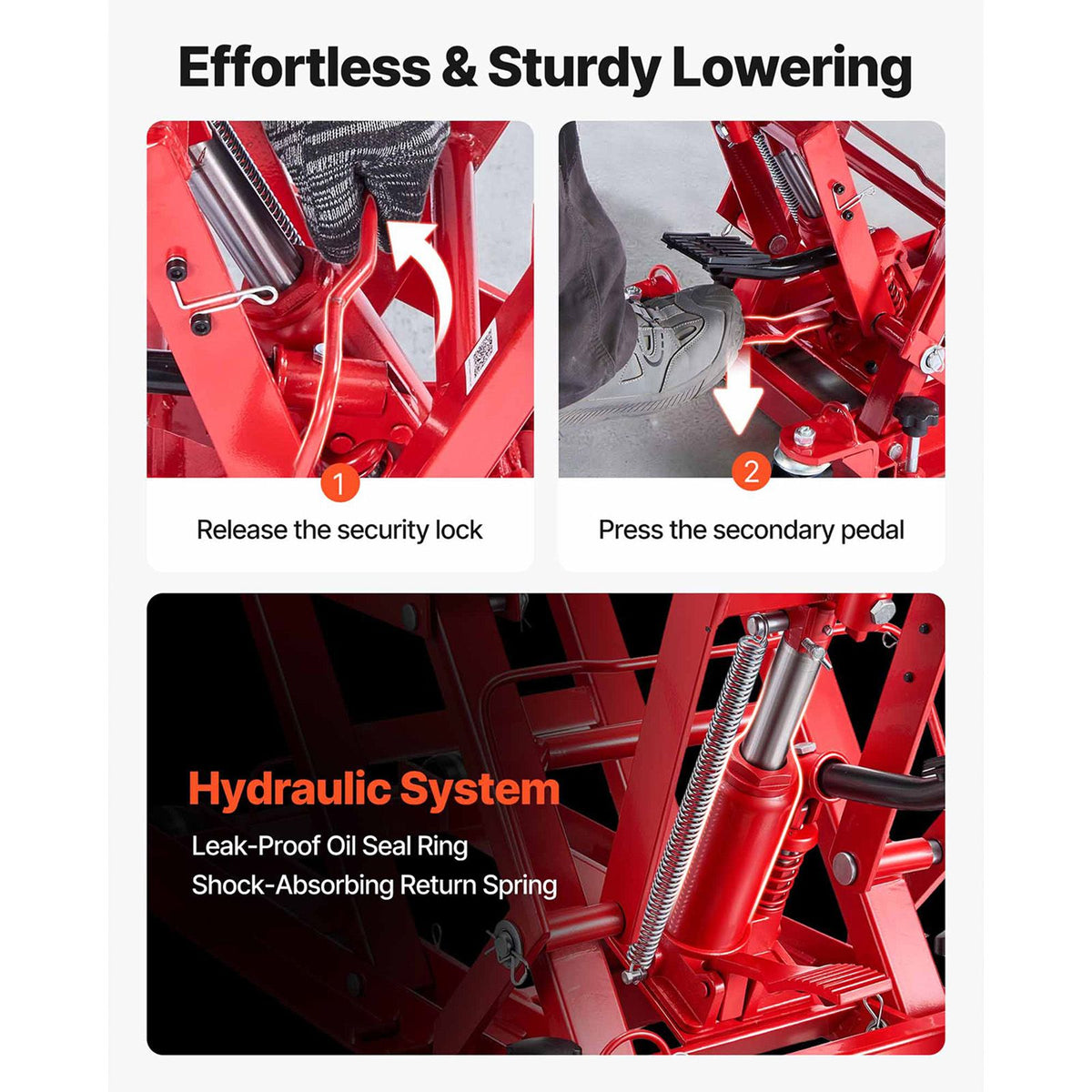 Hydraulic Motorcycle Lift Jack, 680 kg Capacity, ATV Lift Jack Portable Motorcycle Hoist Stand with 4 Wheels, 115-385 mm Height Range, Hydraulic Foot-Operated Hoist Stand for ATVs, Dirt Bikes