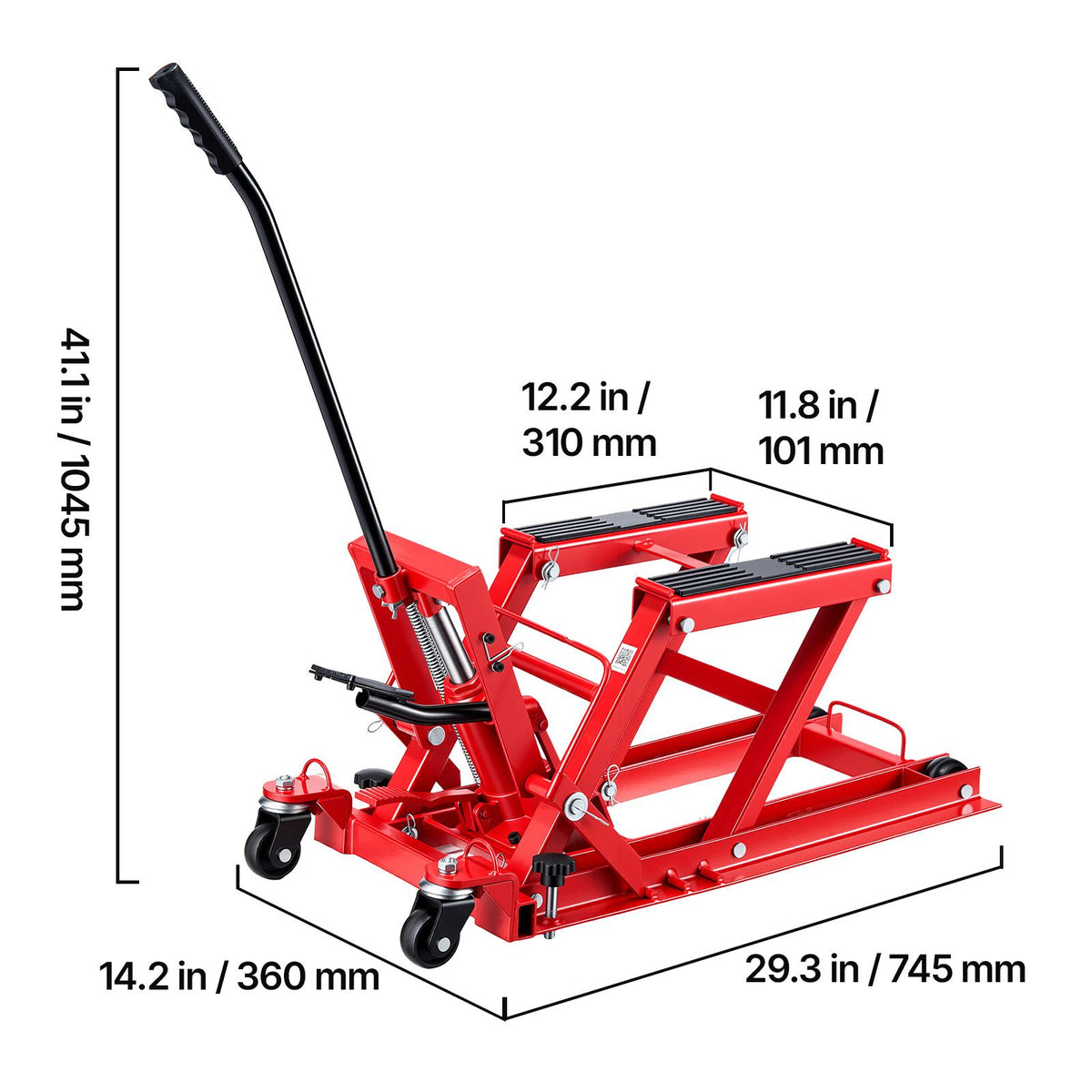Hydraulic Motorcycle Lift Jack, 680 kg Capacity, ATV Lift Jack Portable Motorcycle Hoist Stand with 4 Wheels, 115-385 mm Height Range, Hydraulic Foot-Operated Hoist Stand for ATVs, Dirt Bikes
