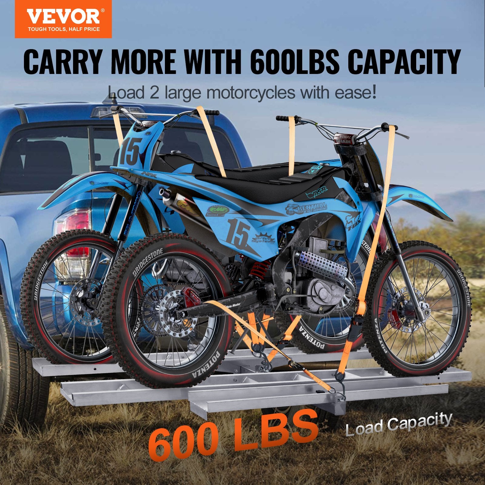 Motorcycle Carrier, 2-Bike 272.15KGS Aluminum Motorcycle Carrier Hitch Mount, Loading Ramp, Scooter Dirt Bike Trailer Hauler, Ratchet Straps and Stabilizer, for Car, Truck with 2" Hitch Receiver