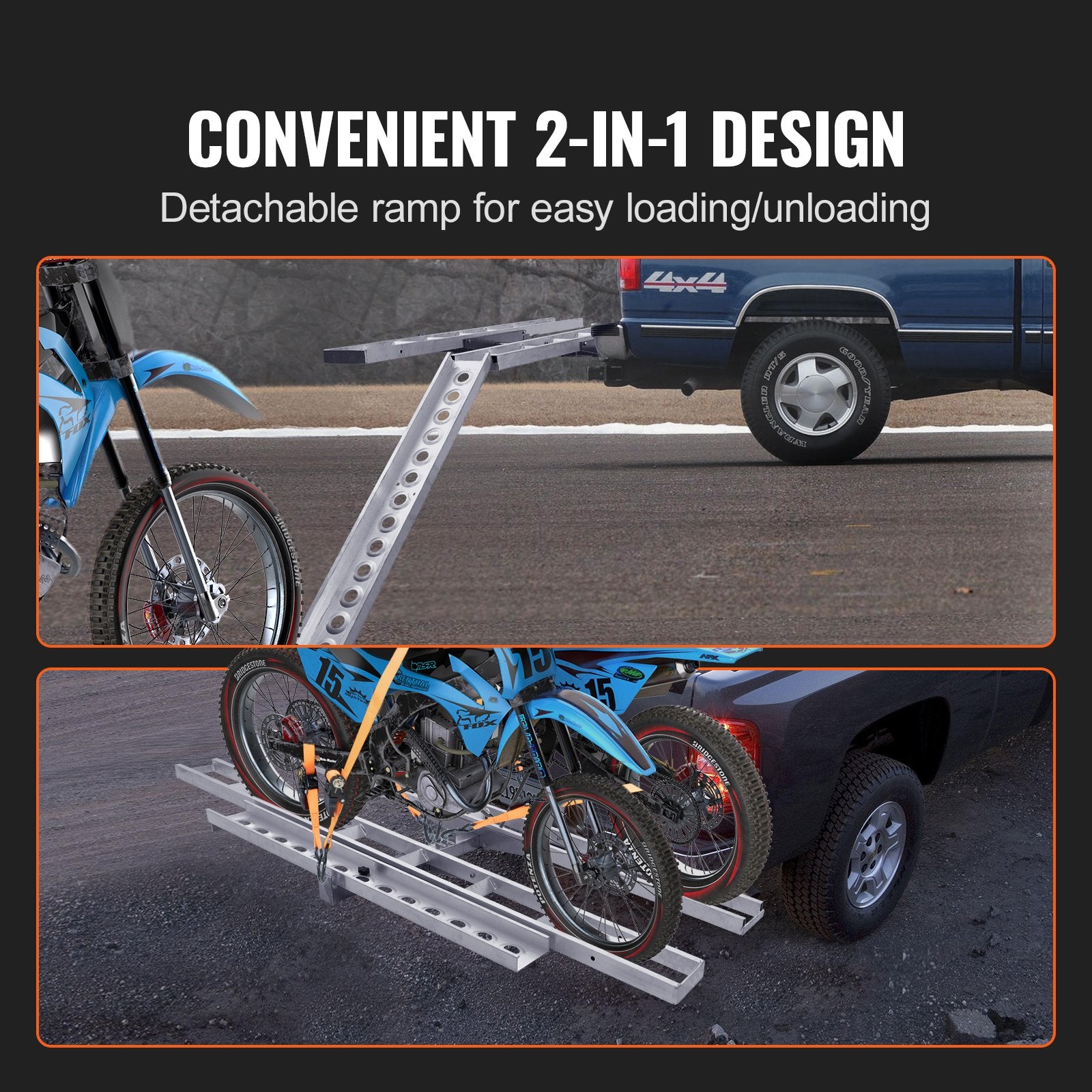 Motorcycle Carrier, 2-Bike 272.15KGS Aluminum Motorcycle Carrier Hitch Mount, Loading Ramp, Scooter Dirt Bike Trailer Hauler, Ratchet Straps and Stabilizer, for Car, Truck with 2" Hitch Receiver