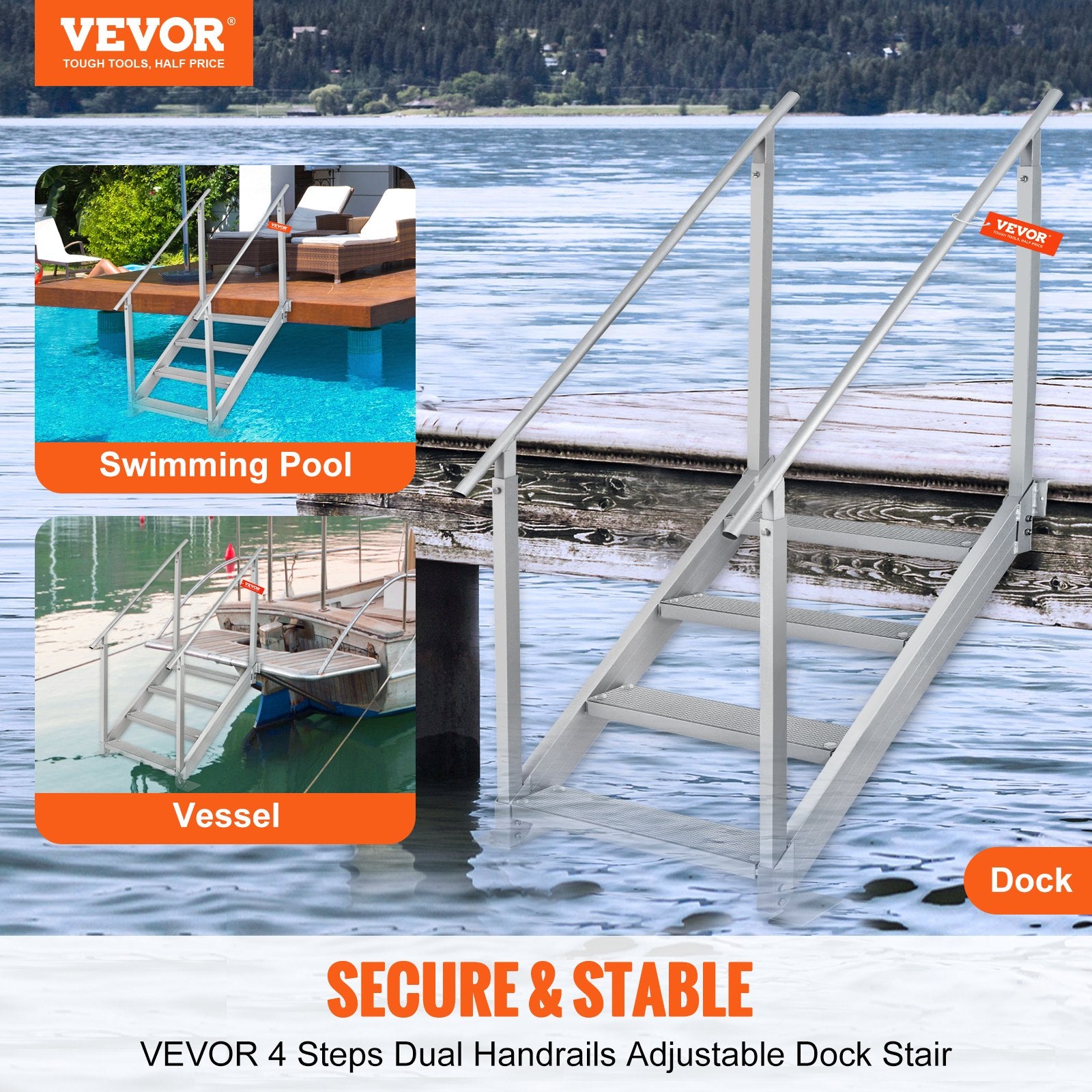 Swimming Pools: VEVOR Dock Ladder 4 Step, Dock Stairs 30''-38'' Adjustable Height, 227 kgs Load Capacity, Aluminum Pontoon Boat Ladder with Dual Handrails & Nonslip Mat for Ship/Lake/Pool/Marine Boarding