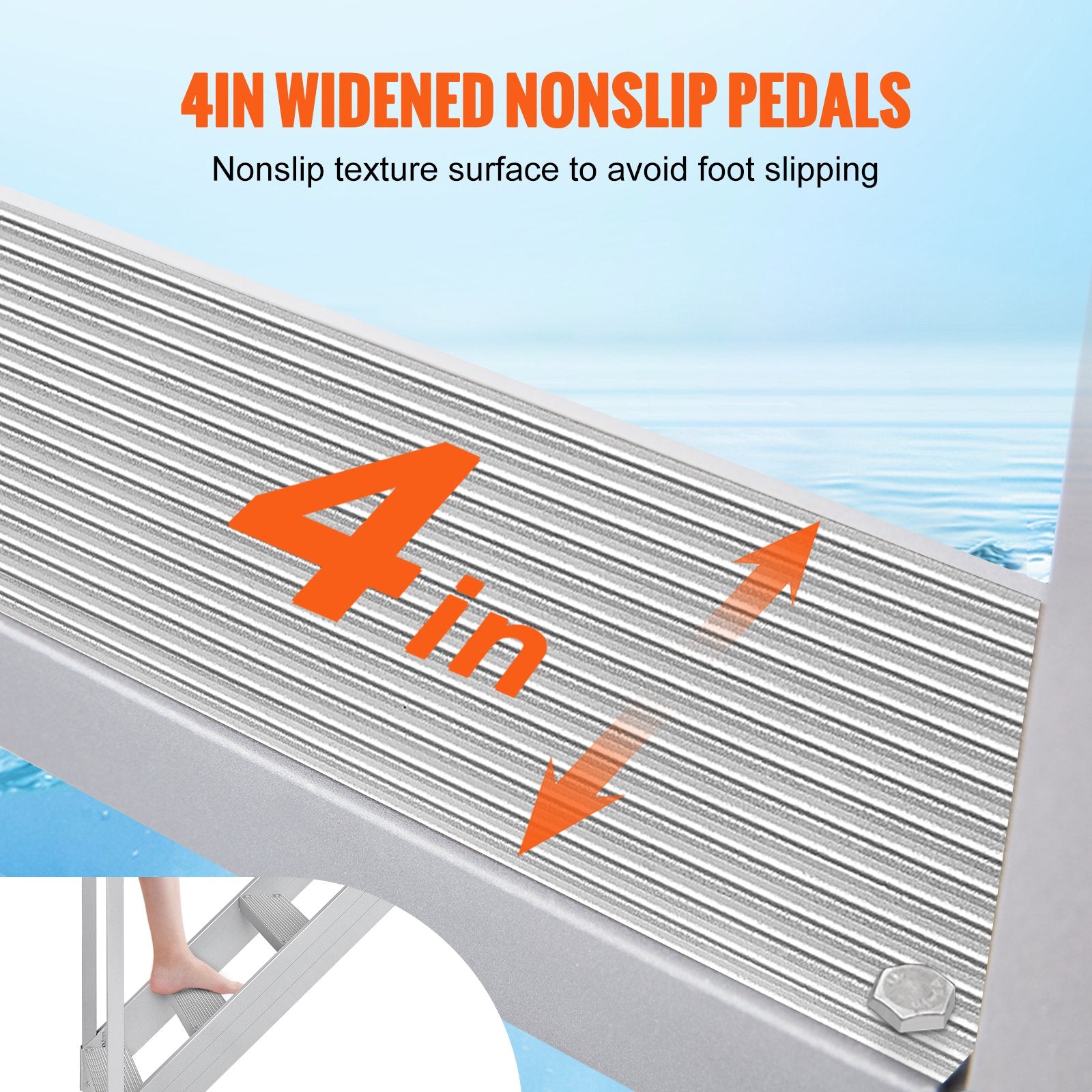 Swimming Pools: VEVOR Dock Ladder 4 Step, Dock Stairs 30''-38'' Adjustable Height, 227 kgs Load Capacity, Aluminum Pontoon Boat Ladder with Dual Handrails & Nonslip Mat for Ship/Lake/Pool/Marine Boarding
