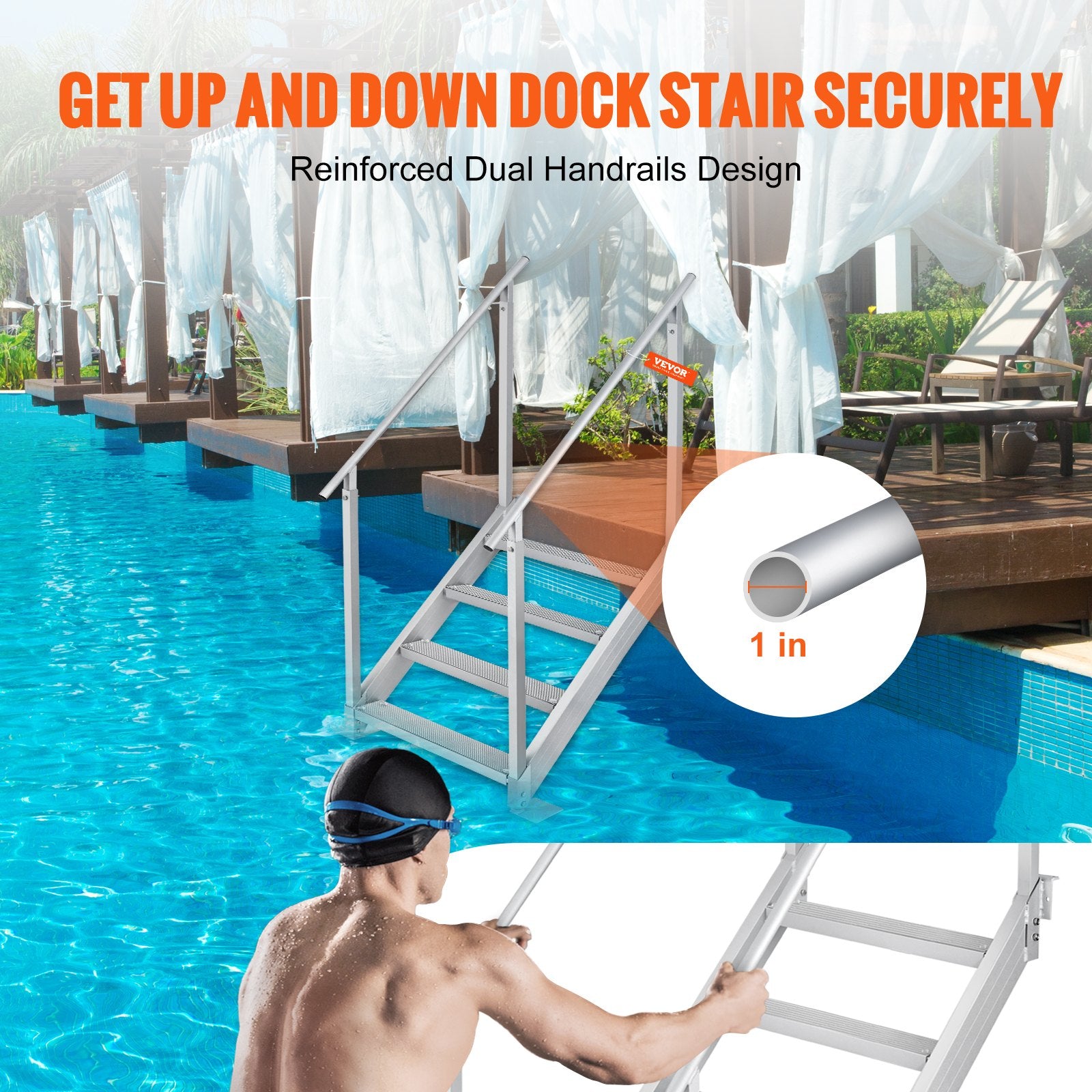 Swimming Pools: VEVOR Dock Ladder 4 Step, Dock Stairs 30''-38'' Adjustable Height, 227 kgs Load Capacity, Aluminum Pontoon Boat Ladder with Dual Handrails & Nonslip Mat for Ship/Lake/Pool/Marine Boarding