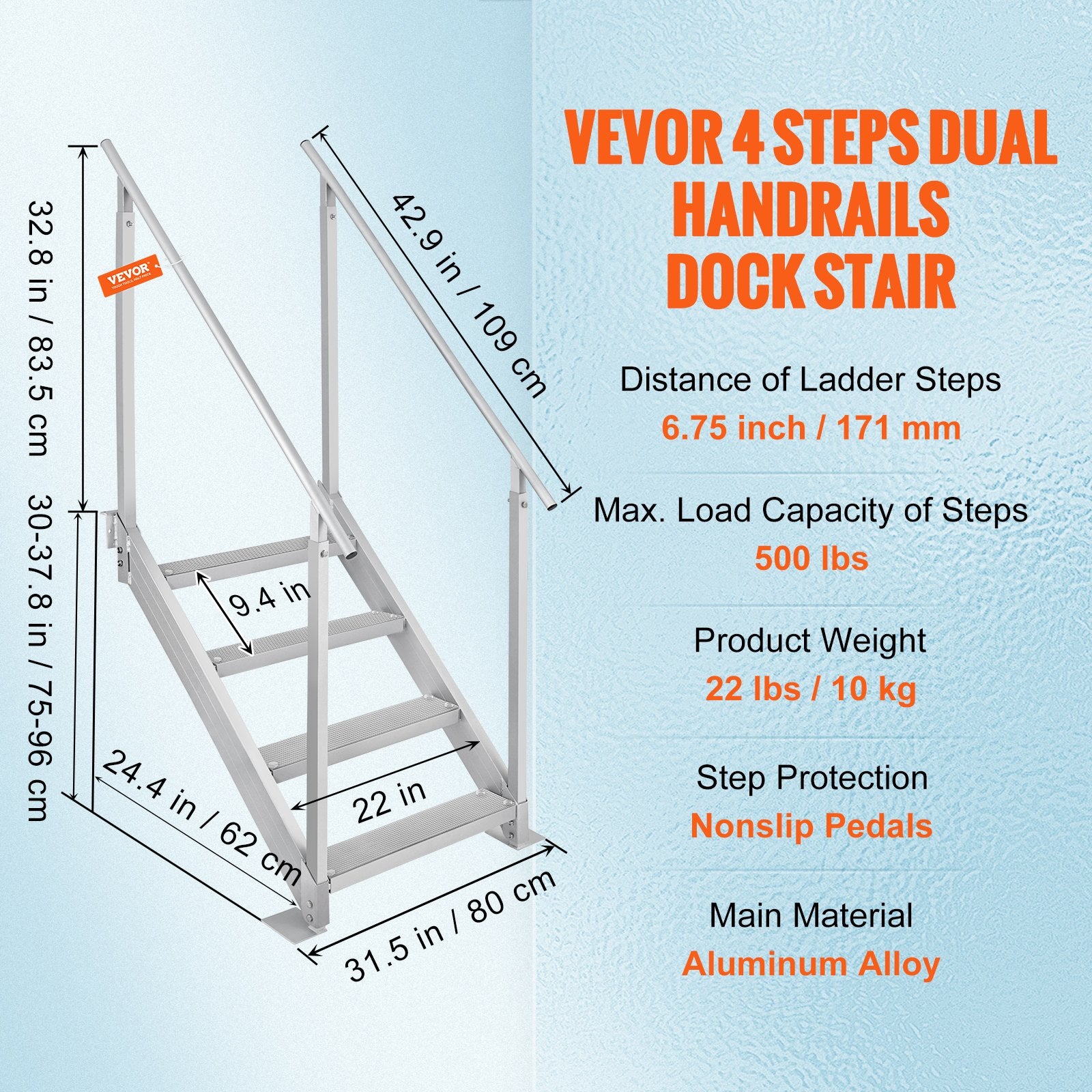 Swimming Pools: VEVOR Dock Ladder 4 Step, Dock Stairs 30''-38'' Adjustable Height, 227 kgs Load Capacity, Aluminum Pontoon Boat Ladder with Dual Handrails & Nonslip Mat for Ship/Lake/Pool/Marine Boarding