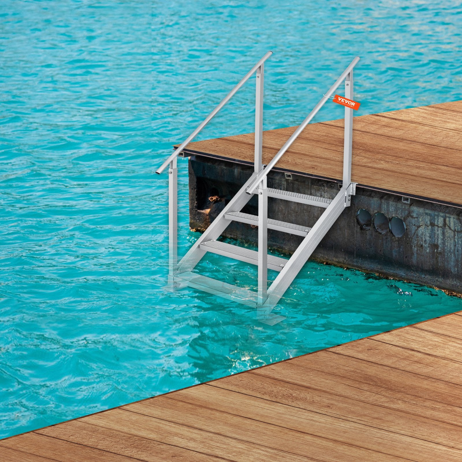 Swimming Pools: VEVOR Dock Ladder 4 Step, Dock Stairs 30''-38'' Adjustable Height, 227 kgs Load Capacity, Aluminum Pontoon Boat Ladder with Dual Handrails & Nonslip Mat for Ship/Lake/Pool/Marine Boarding