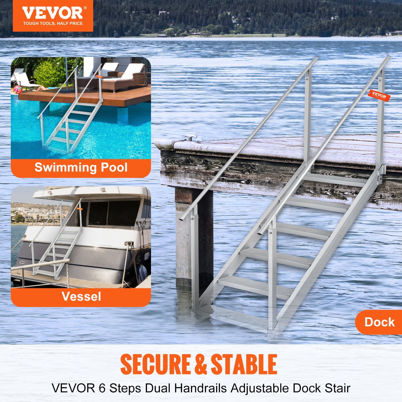 Boating Accessories: VEVOR Dock Ladder, 1.09 m-1.29 m Adjustable Height, 227 kg Load Capacity, Aluminum Alloy 6 Steps Pontoon Boat Ladder with Dual Handrails & Nonslip Mat, Ideal for Ship/Lake/Pool/Marine Boarding
