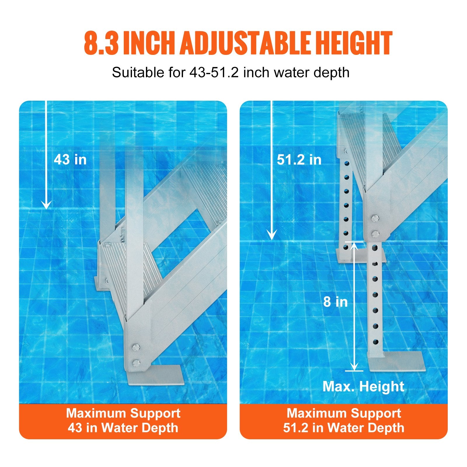 Boating Accessories: VEVOR Dock Ladder, 1.09 m-1.29 m Adjustable Height, 227 kg Load Capacity, Aluminum Alloy 6 Steps Pontoon Boat Ladder with Dual Handrails & Nonslip Mat, Ideal for Ship/Lake/Pool/Marine Boarding