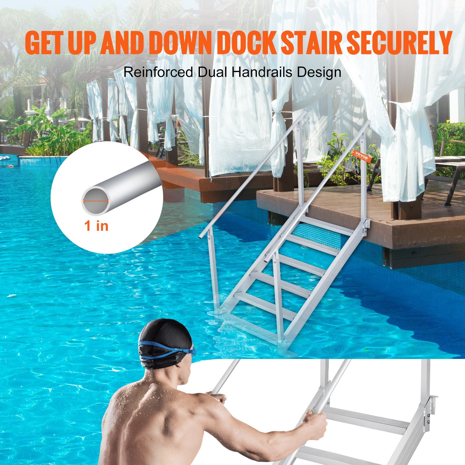 Boating Accessories: VEVOR Dock Ladder, 1.09 m-1.29 m Adjustable Height, 227 kg Load Capacity, Aluminum Alloy 6 Steps Pontoon Boat Ladder with Dual Handrails & Nonslip Mat, Ideal for Ship/Lake/Pool/Marine Boarding