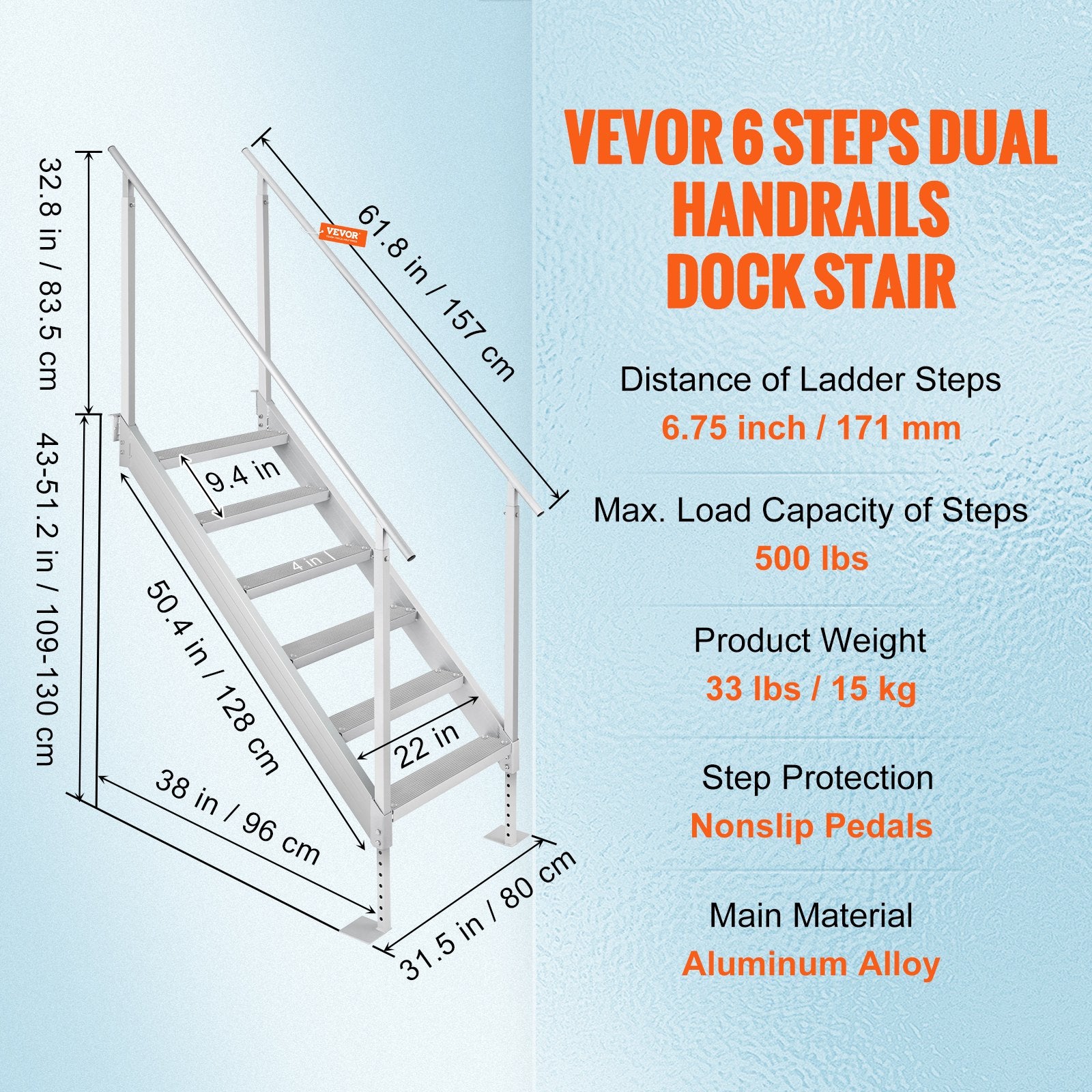 Boating Accessories: VEVOR Dock Ladder, 1.09 m-1.29 m Adjustable Height, 227 kg Load Capacity, Aluminum Alloy 6 Steps Pontoon Boat Ladder with Dual Handrails & Nonslip Mat, Ideal for Ship/Lake/Pool/Marine Boarding