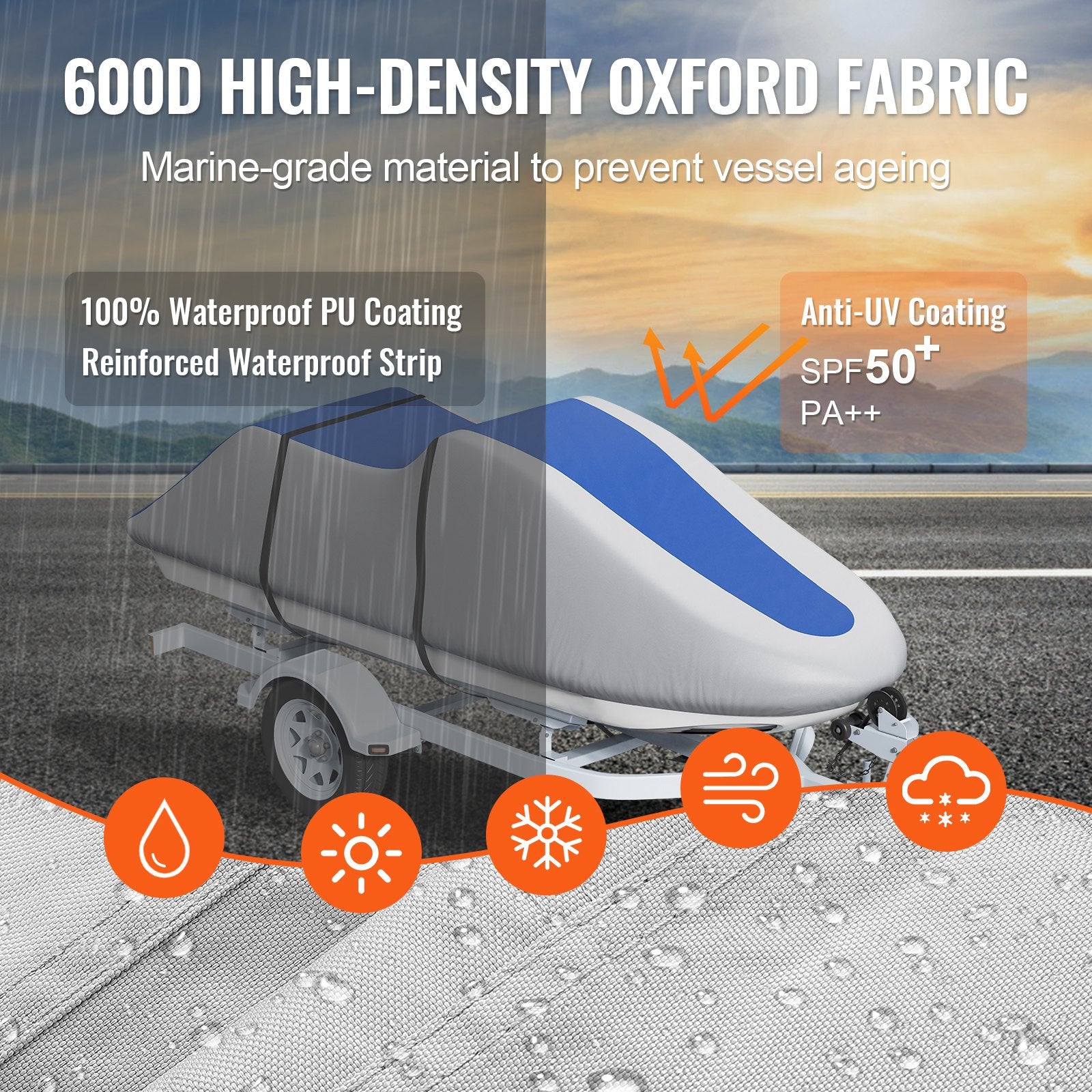 Boating Accessories: VEVOR Jet Ski Cover 320-342 cm Trailerable Waterproof PWC Cover, Heavy-duty 600D Marine Grade PU Oxford Fabric, UV Resistant Seadoo Cover with Buckle Straps, Personal Watercraft Covers, Grey+Blue