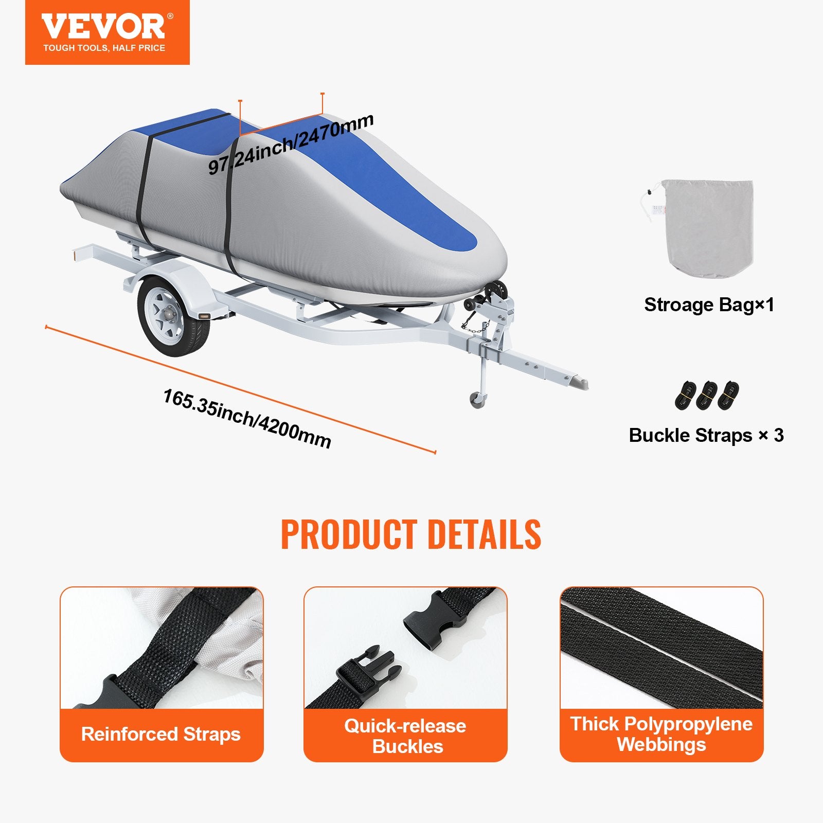 Boating Accessories: VEVOR Jet Ski Cover 320-342 cm Trailerable Waterproof PWC Cover, Heavy-duty 600D Marine Grade PU Oxford Fabric, UV Resistant Seadoo Cover with Buckle Straps, Personal Watercraft Covers, Grey+Blue