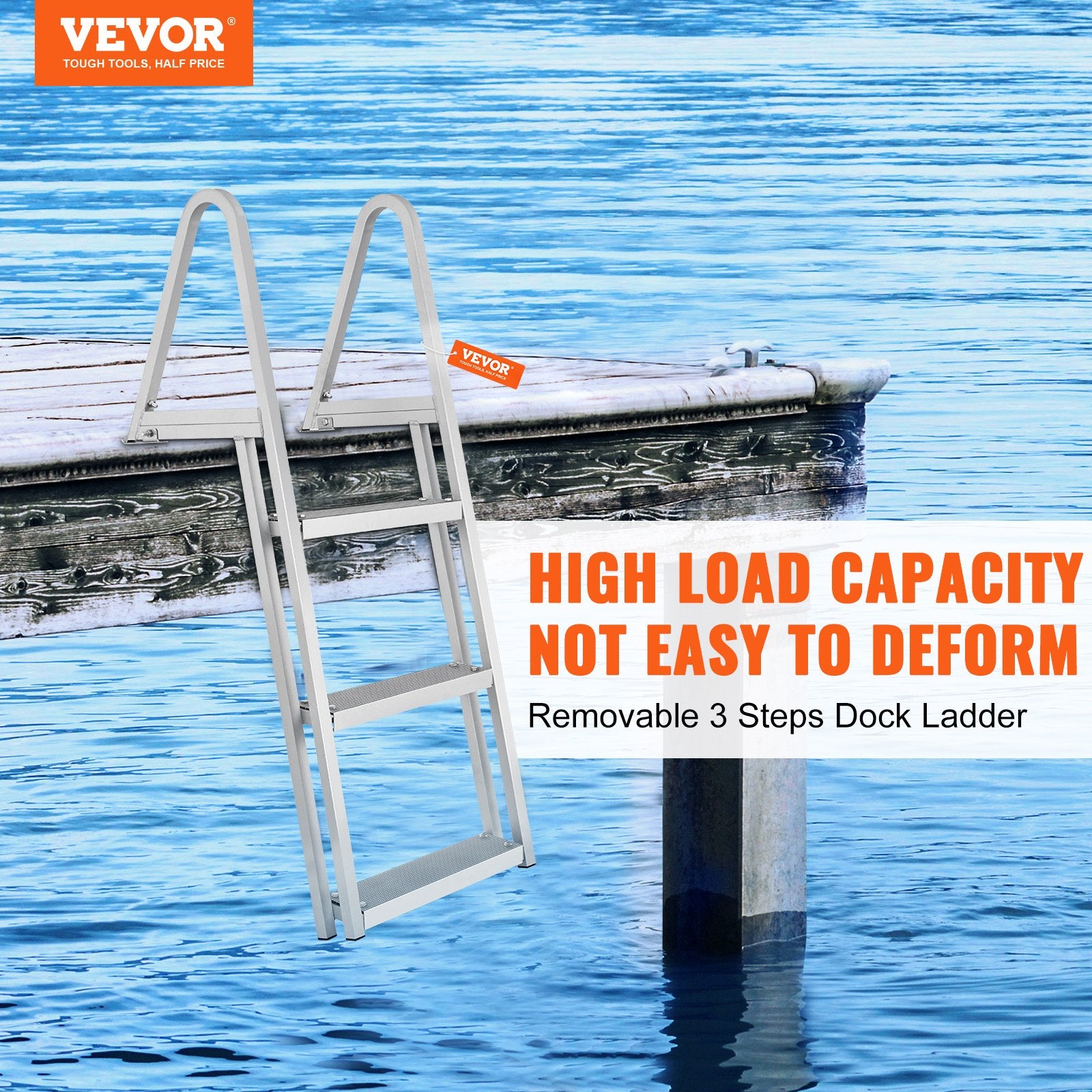 Ladders & Scaffolding: VEVOR Dock Ladder, Removable 3 Steps, 159 kg Load Capacity, Aluminum Alloy Pontoon Boat Ladder with 101.6 mm Wide Step & Nonslip Rubber Mat, Easy to Install for Ship/Lake/Pool/Marine Boarding