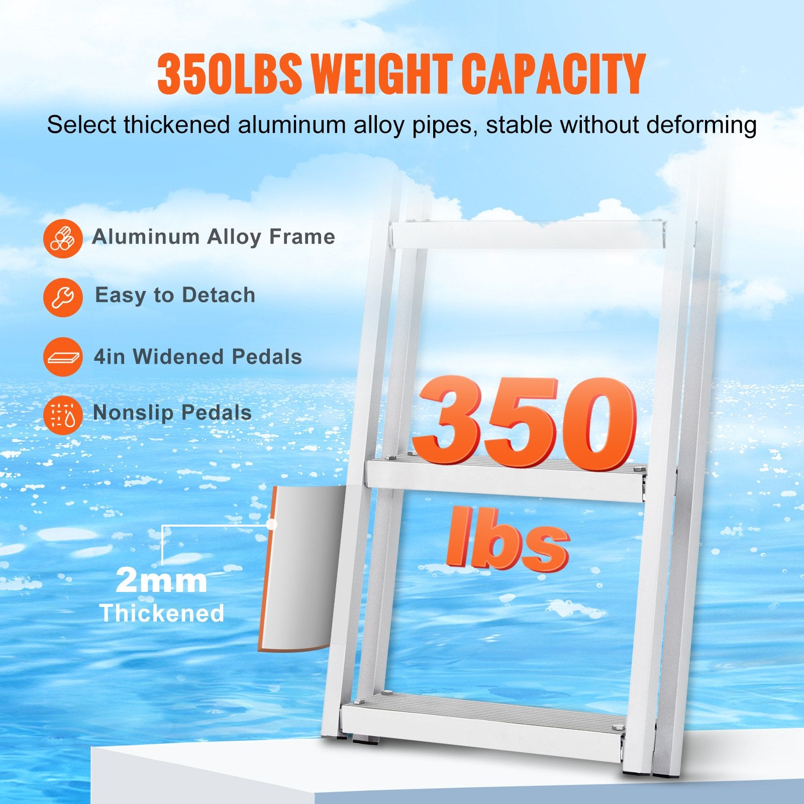 Ladders & Scaffolding: VEVOR Dock Ladder, Removable 3 Steps, 159 kg Load Capacity, Aluminum Alloy Pontoon Boat Ladder with 101.6 mm Wide Step & Nonslip Rubber Mat, Easy to Install for Ship/Lake/Pool/Marine Boarding