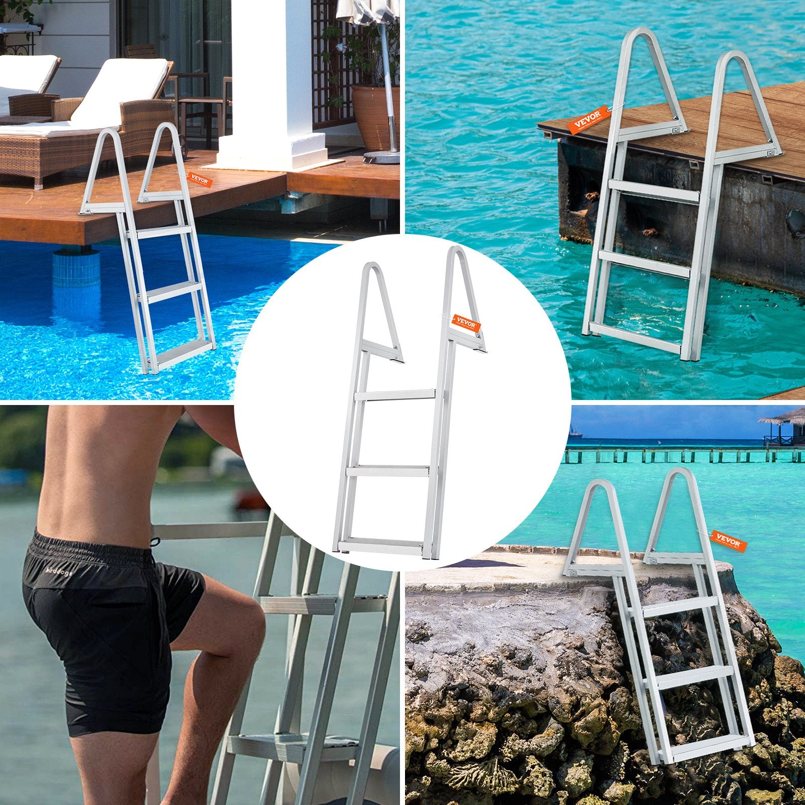 Ladders & Scaffolding: VEVOR Dock Ladder, Removable 3 Steps, 159 kg Load Capacity, Aluminum Alloy Pontoon Boat Ladder with 101.6 mm Wide Step & Nonslip Rubber Mat, Easy to Install for Ship/Lake/Pool/Marine Boarding