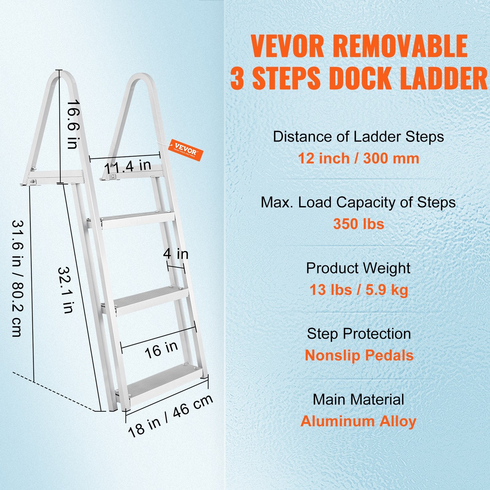 Ladders & Scaffolding: VEVOR Dock Ladder, Removable 3 Steps, 159 kg Load Capacity, Aluminum Alloy Pontoon Boat Ladder with 101.6 mm Wide Step & Nonslip Rubber Mat, Easy to Install for Ship/Lake/Pool/Marine Boarding