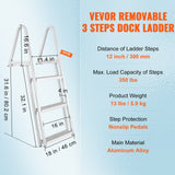Ladders & Scaffolding: VEVOR Dock Ladder, Removable 3 Steps, 159 kg Load Capacity, Aluminum Alloy Pontoon Boat Ladder with 101.6 mm Wide Step & Nonslip Rubber Mat, Easy to Install for Ship/Lake/Pool/Marine Boarding