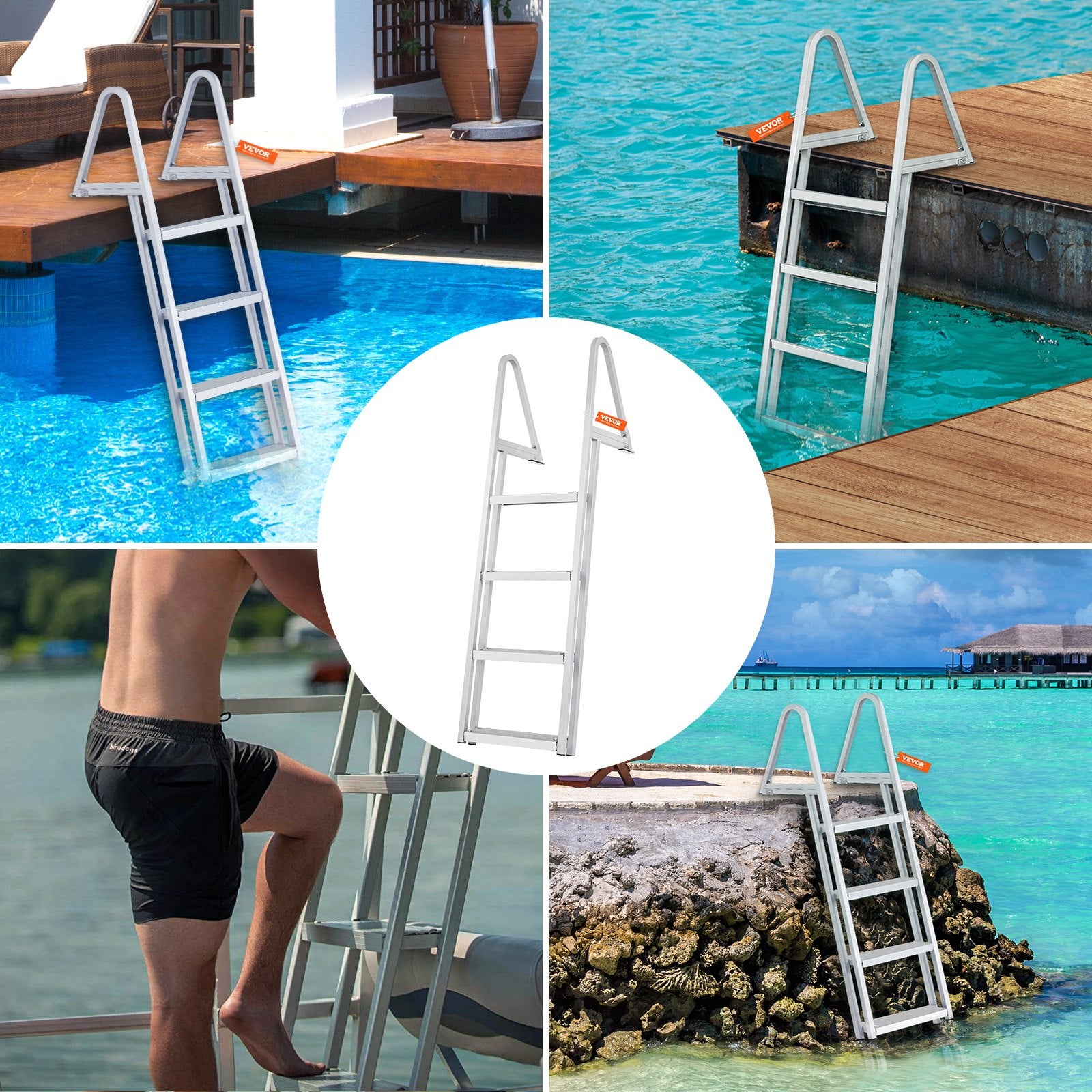 Dock Ladder, Removable 4 Steps, 350 lbs Load Capacity, Aluminum Alloy Pontoon Boat Ladder with 4'' Wide Step & Nonslip Mat, Easy to Install for Ship/Lake/Pool/Marine Boarding