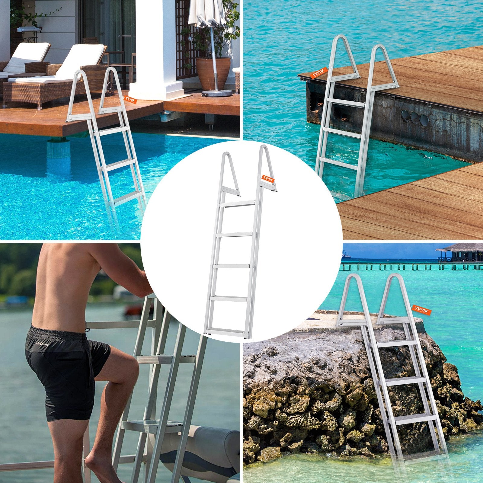 Removable Dock Ladder 5 Steps, 159 kg Load Capacity, Pontoon Boat Ladder with 4'' Wide Step & Nonslip Design for Ship/Lake/Pool/Marine Boarding