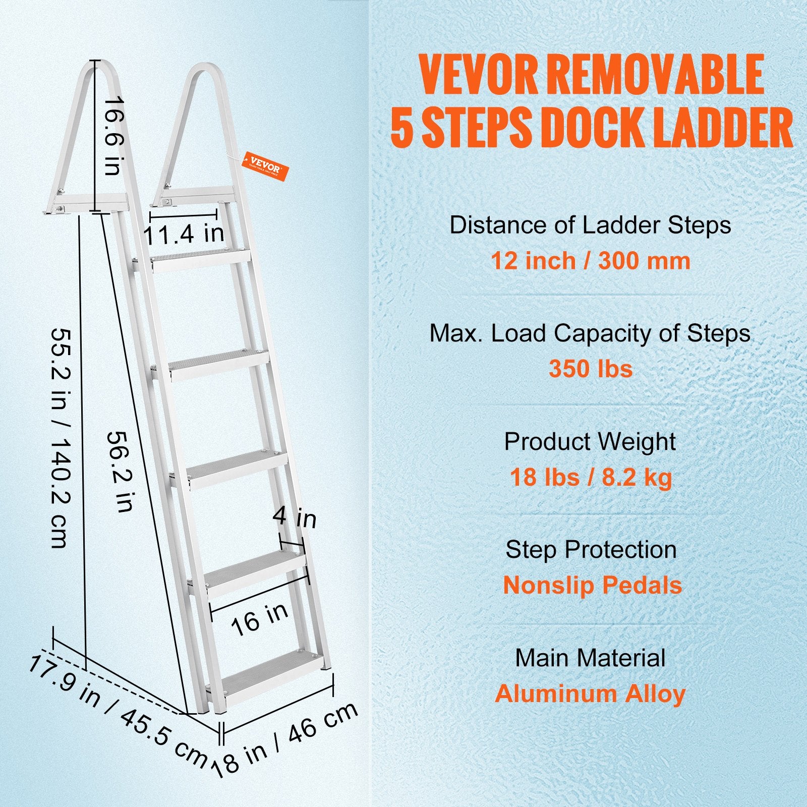Removable Dock Ladder 5 Steps, 159 kg Load Capacity, Pontoon Boat Ladder with 4'' Wide Step & Nonslip Design for Ship/Lake/Pool/Marine Boarding