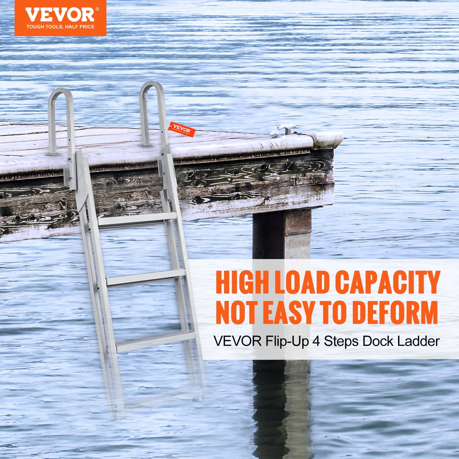 Ladders & Scaffolding: VEVOR Dock Ladder Flip Up 4 Steps, 159 kg Load Capacity, Aluminum Pontoon Boat Ladder with 4" Wide Step & Nonslip Mat,Swimm Step Ladder for Ship/Lake/Pool/Marine Boarding