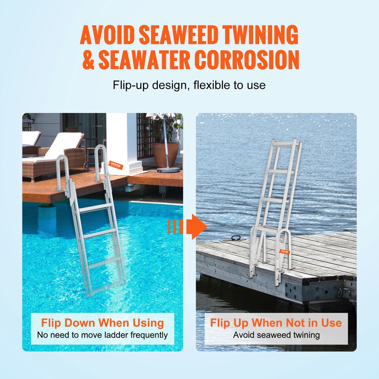 Ladders & Scaffolding: VEVOR Dock Ladder Flip Up 4 Steps, 159 kg Load Capacity, Aluminum Pontoon Boat Ladder with 4" Wide Step & Nonslip Mat,Swimm Step Ladder for Ship/Lake/Pool/Marine Boarding