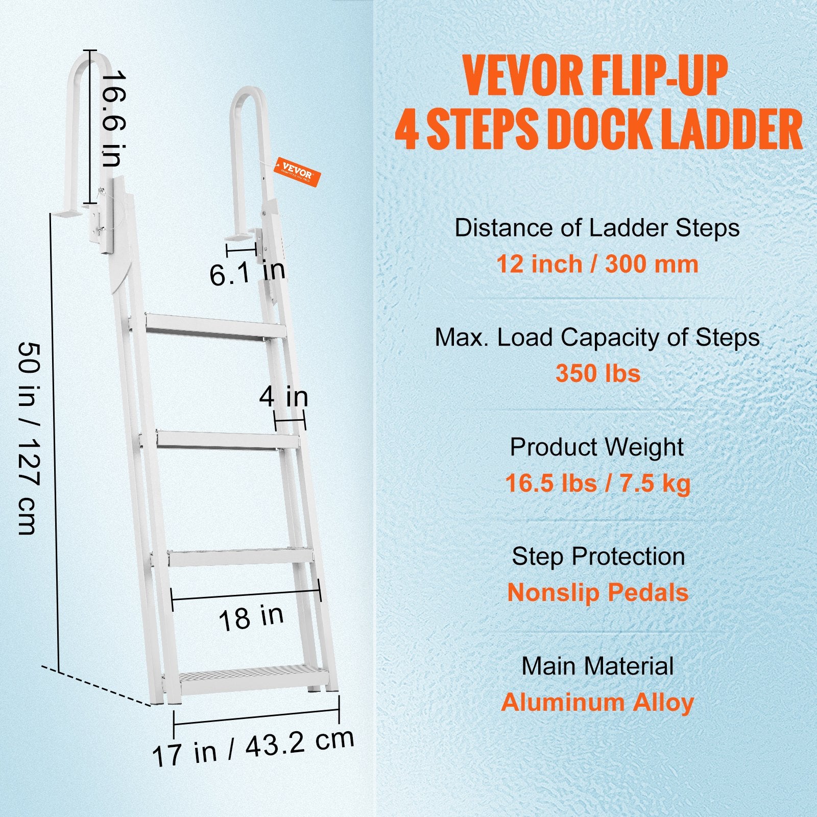 Ladders & Scaffolding: VEVOR Dock Ladder Flip Up 4 Steps, 159 kg Load Capacity, Aluminum Pontoon Boat Ladder with 4" Wide Step & Nonslip Mat,Swimm Step Ladder for Ship/Lake/Pool/Marine Boarding