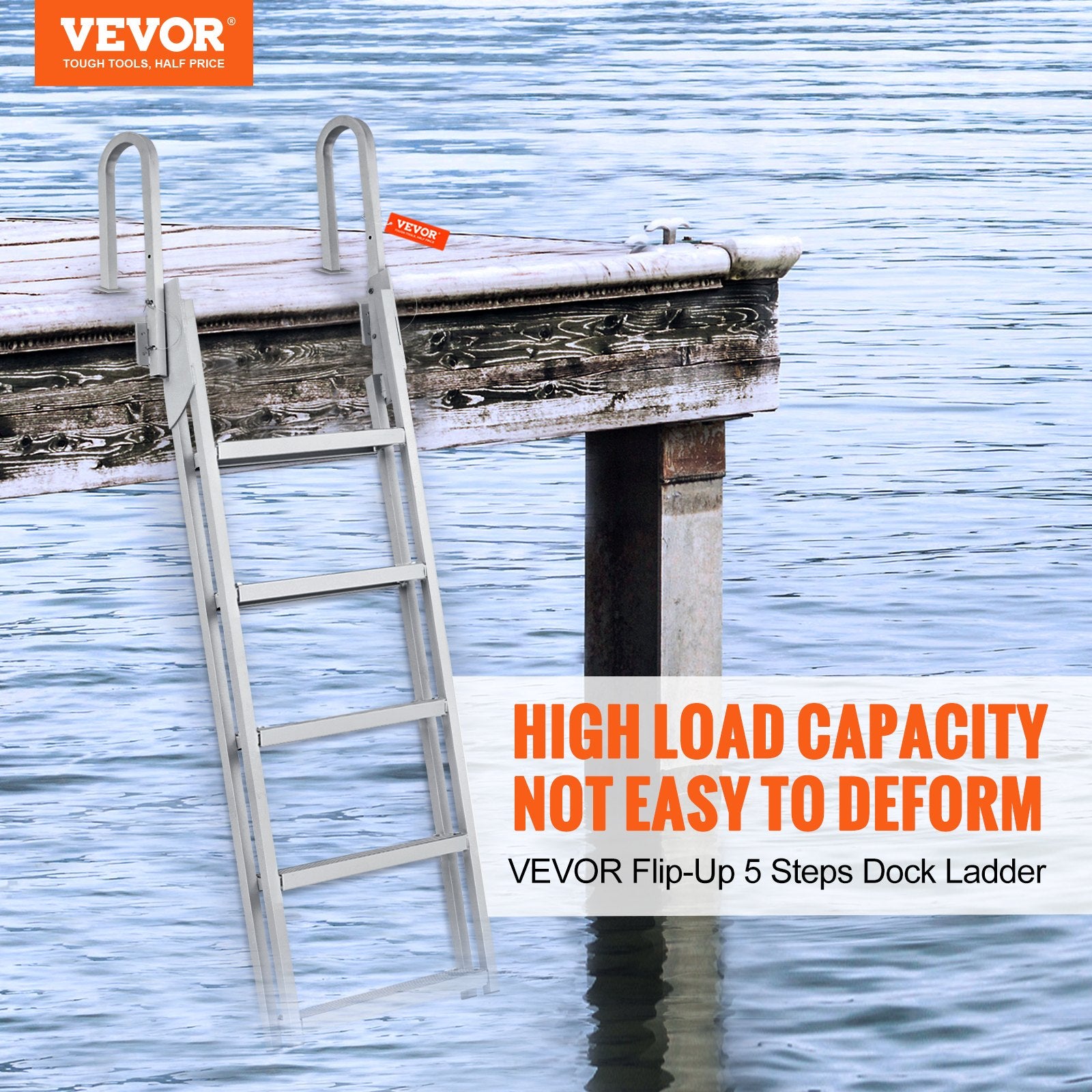Dock Ladder Flip Up 5 Steps, 350lbs Load Capacity, Aluminum Pontoon Boat Ladder with 4" Wide Step & Nonslip Rubber Mat,Swimm Step Ladder for Ship/Lake/Pool/Marine Boarding