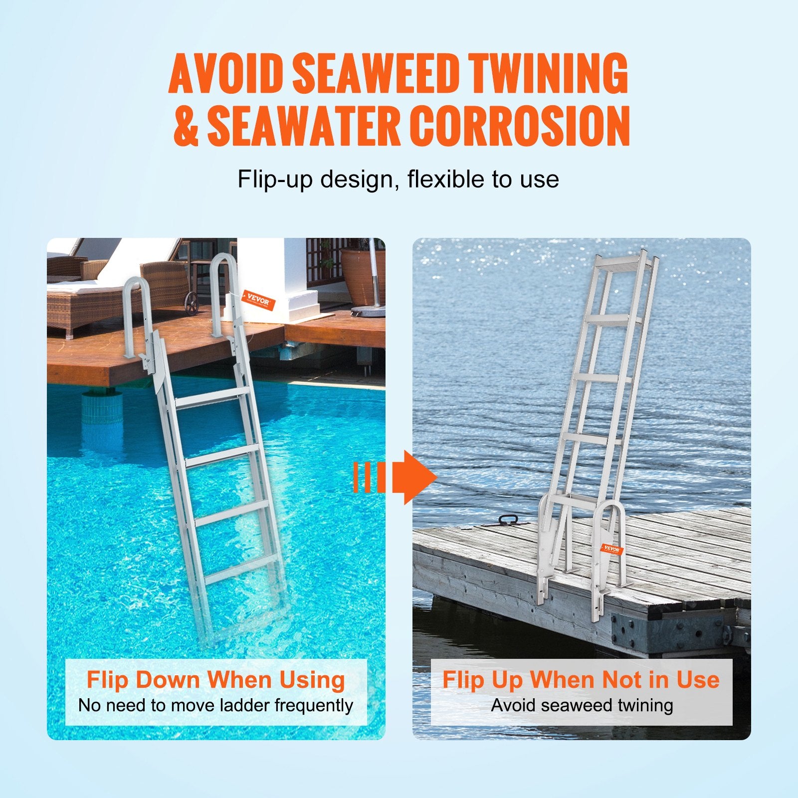 Dock Ladder Flip Up 5 Steps, 350lbs Load Capacity, Aluminum Pontoon Boat Ladder with 4" Wide Step & Nonslip Rubber Mat,Swimm Step Ladder for Ship/Lake/Pool/Marine Boarding