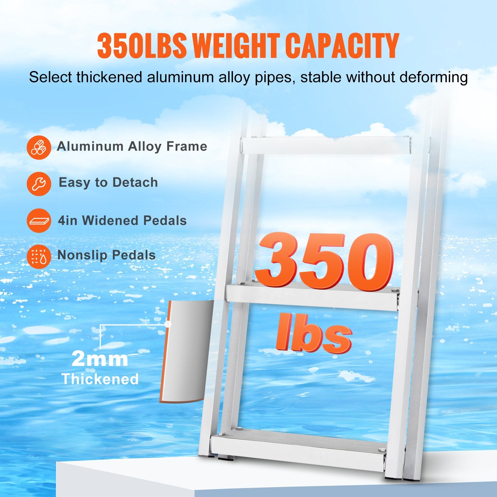 Dock Ladder Flip Up 5 Steps, 350lbs Load Capacity, Aluminum Pontoon Boat Ladder with 4" Wide Step & Nonslip Rubber Mat,Swimm Step Ladder for Ship/Lake/Pool/Marine Boarding