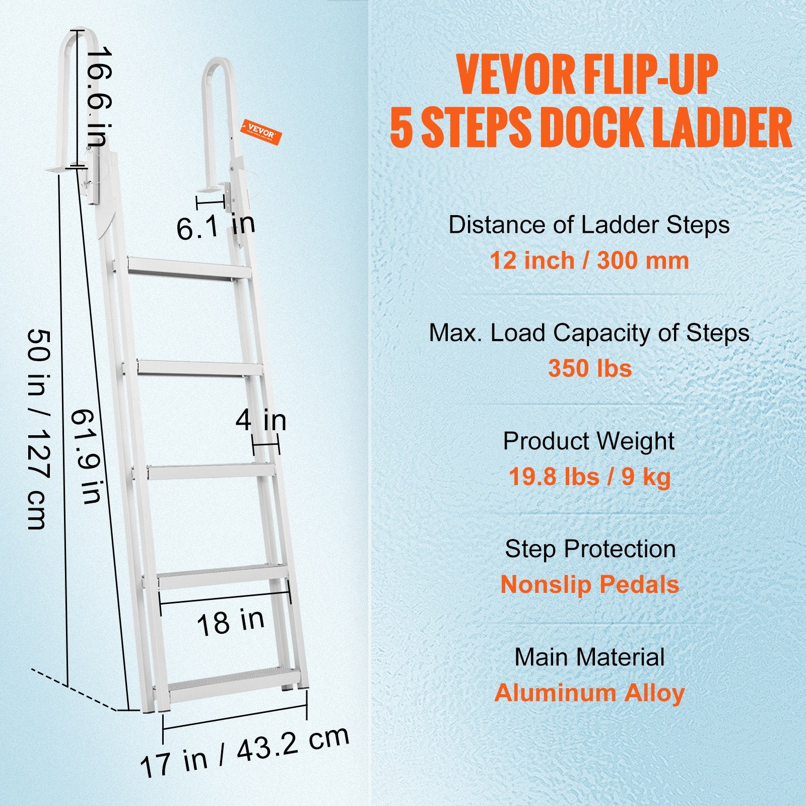 Dock Ladder Flip Up 5 Steps, 350lbs Load Capacity, Aluminum Pontoon Boat Ladder with 4" Wide Step & Nonslip Rubber Mat,Swimm Step Ladder for Ship/Lake/Pool/Marine Boarding