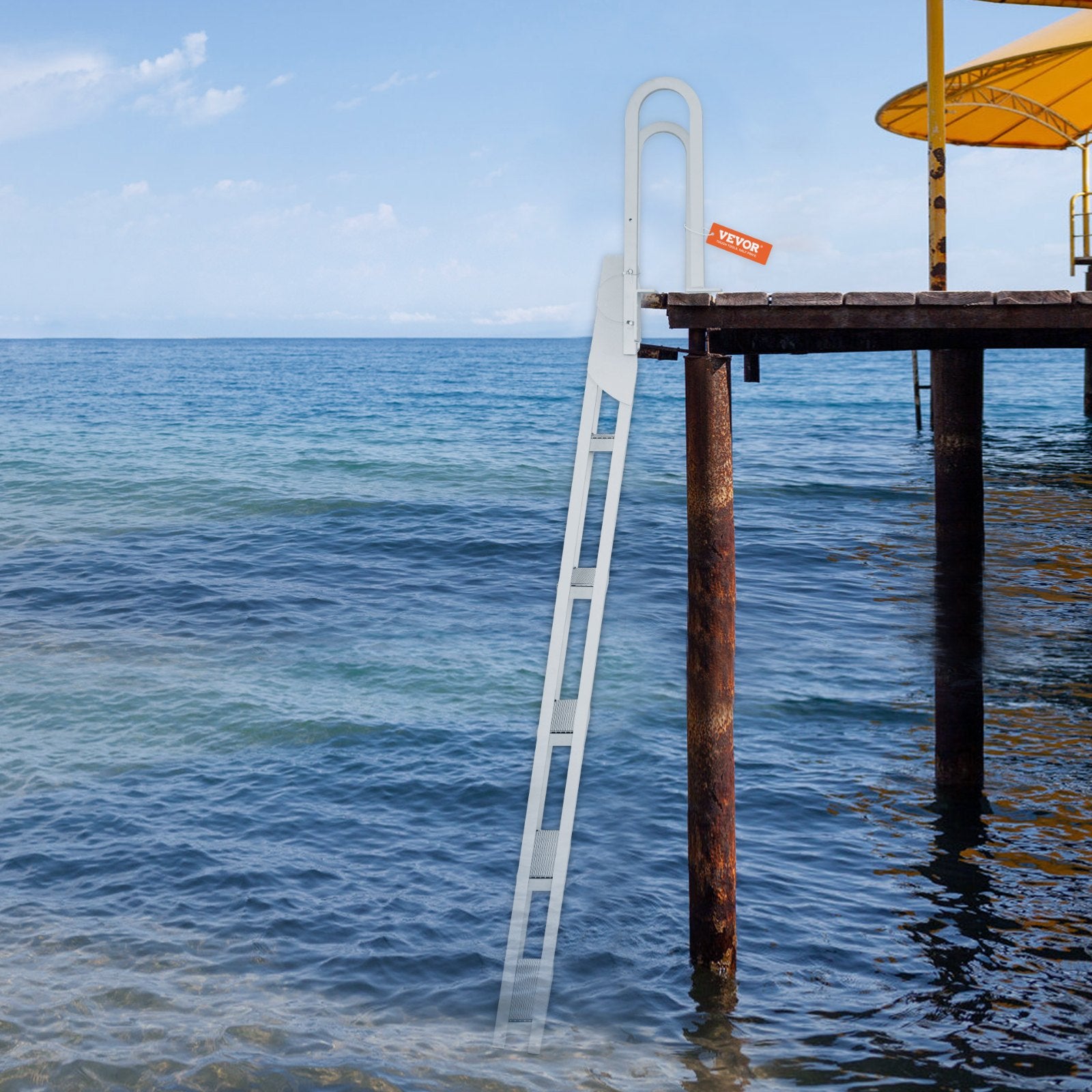 Dock Ladder Flip Up 5 Steps, 350lbs Load Capacity, Aluminum Pontoon Boat Ladder with 4" Wide Step & Nonslip Rubber Mat,Swimm Step Ladder for Ship/Lake/Pool/Marine Boarding