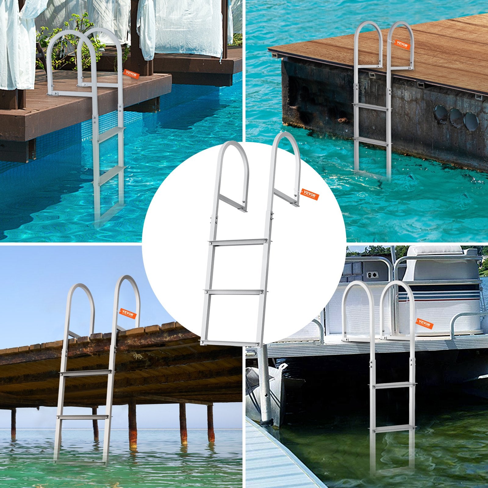 Ladders & Scaffolding: VEVOR Dock Ladder, Removable 3 Steps, 227 kg Load Capacity, Aluminum Alloy Pontoon Boat Ladder with 7.9 cm Wide Step & Nonslip Rubber Mat, Easy to Install for Ship/Lake/Pool/Marine Boarding